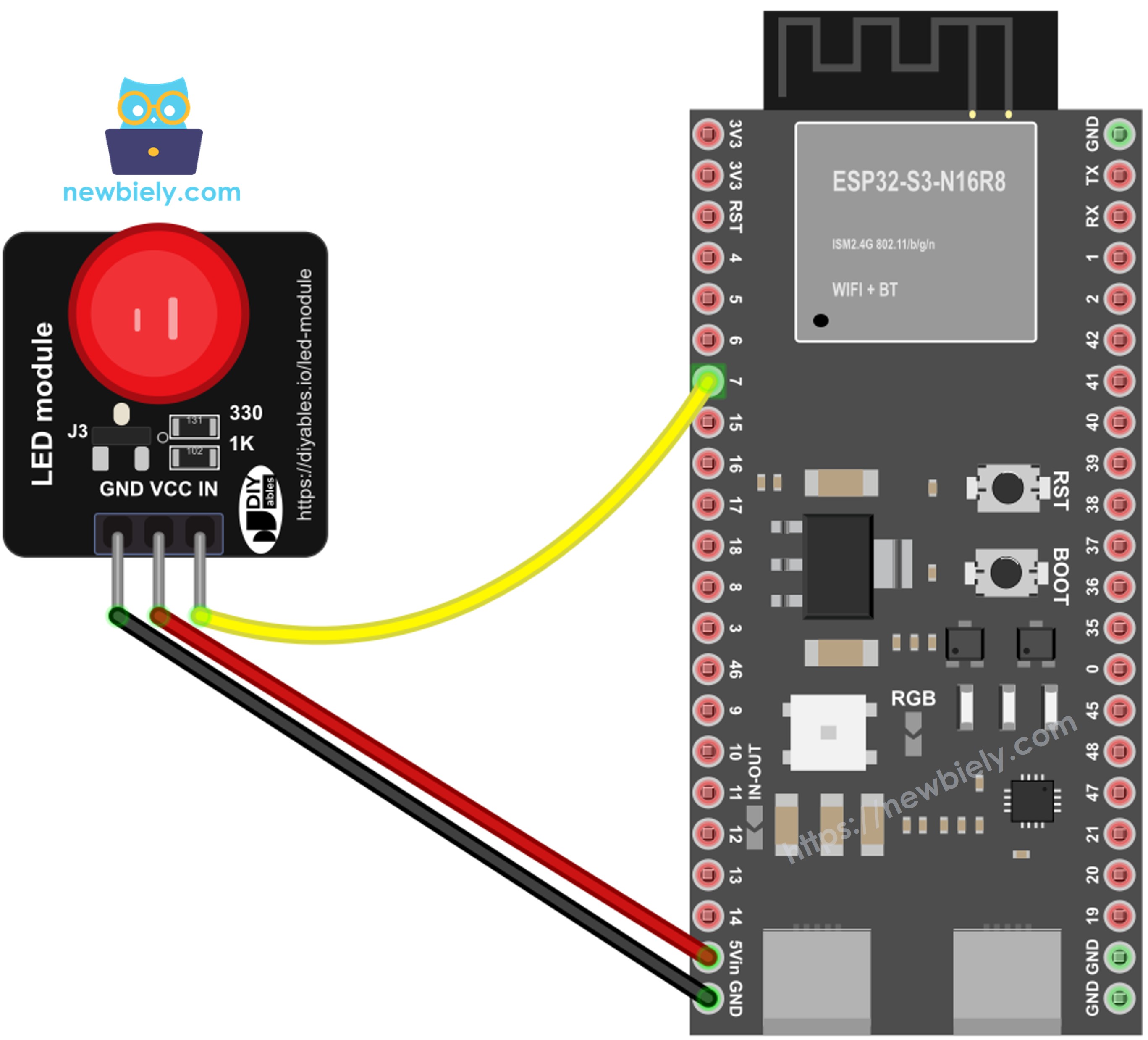The wiring diagram between ESP32 S3 LED module