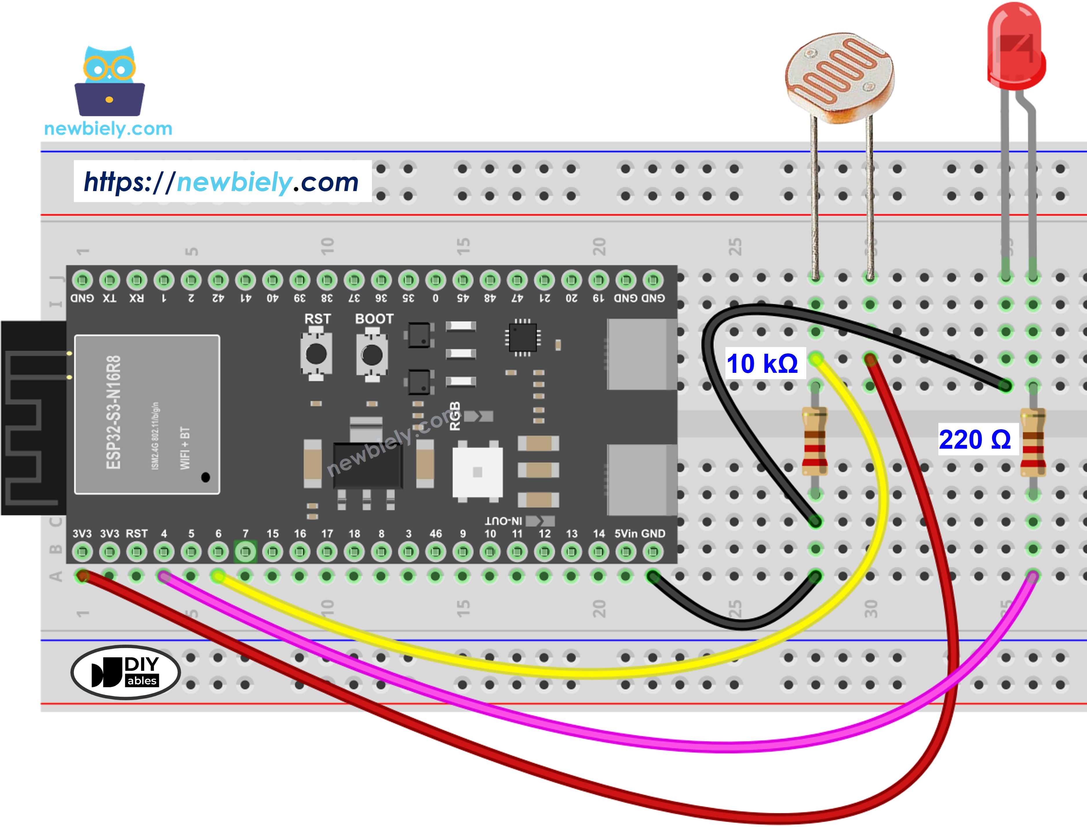 The wiring diagram between ESP32 S3 Light Sensor LED