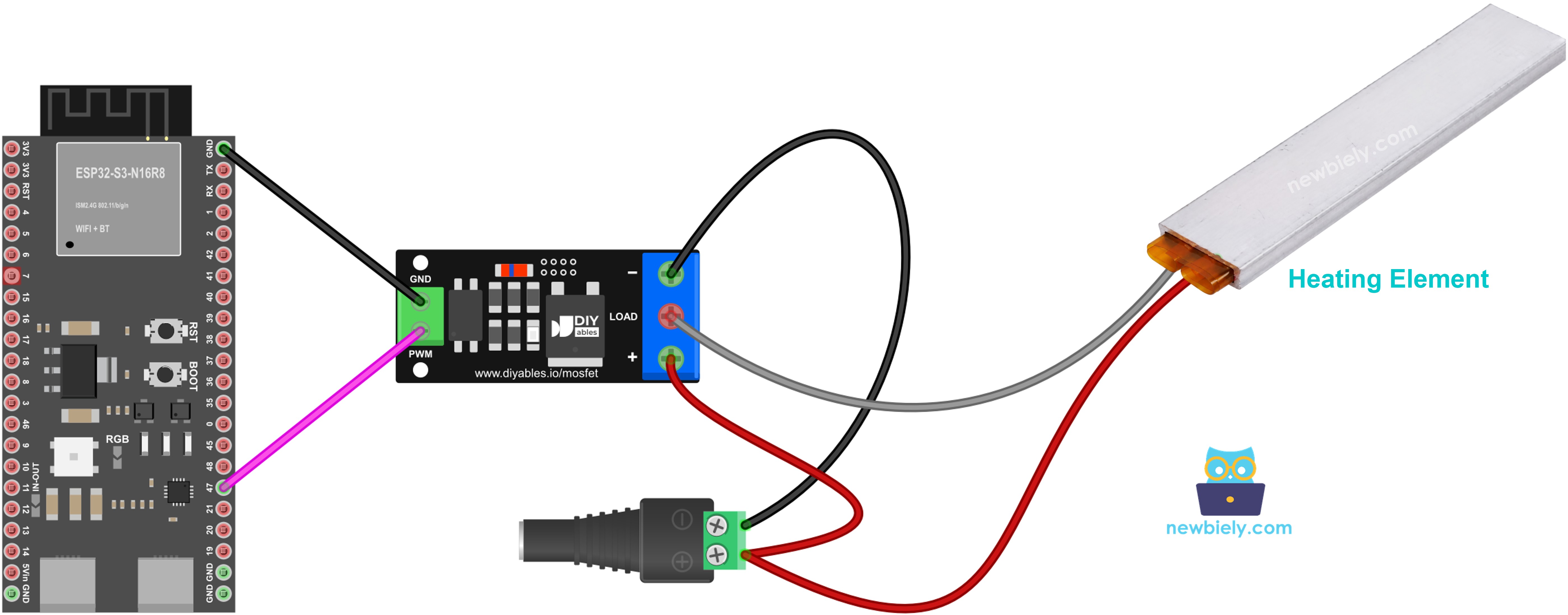The wiring diagram between ESP32 S3 heating element MOSFET module