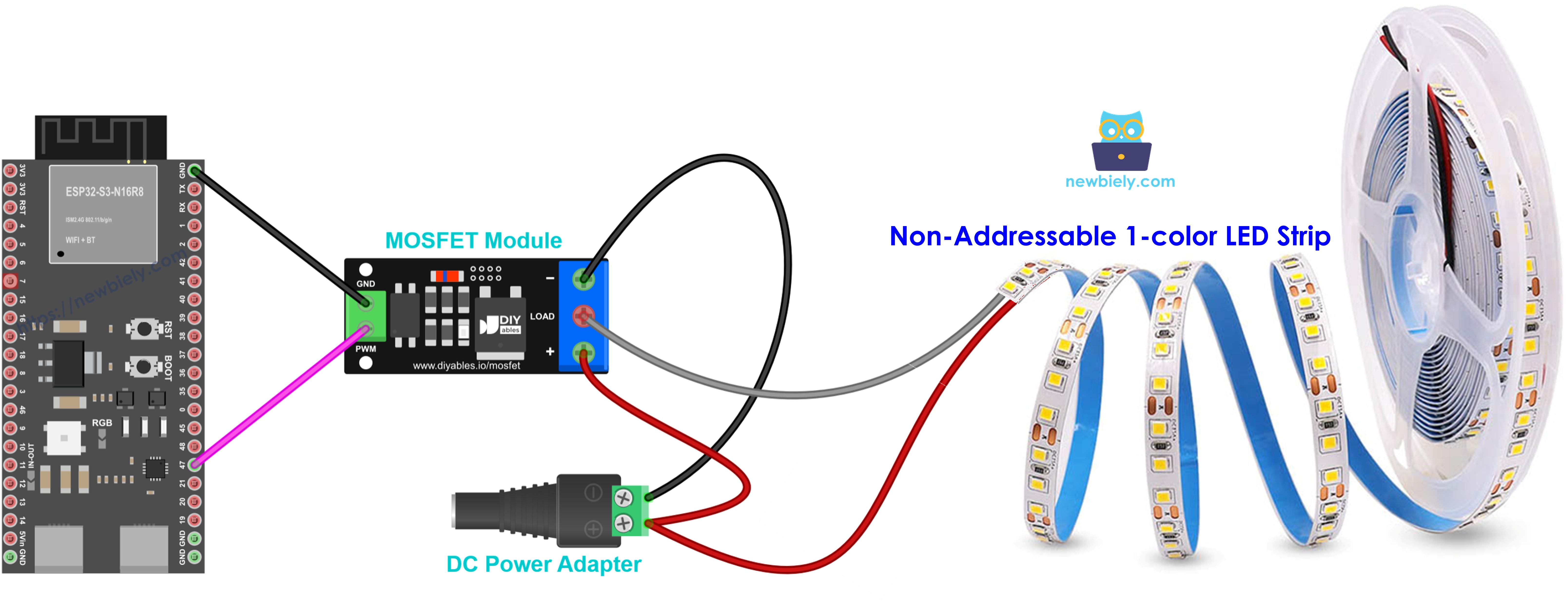 The wiring diagram between 12V LED strip on a MOSFET module,