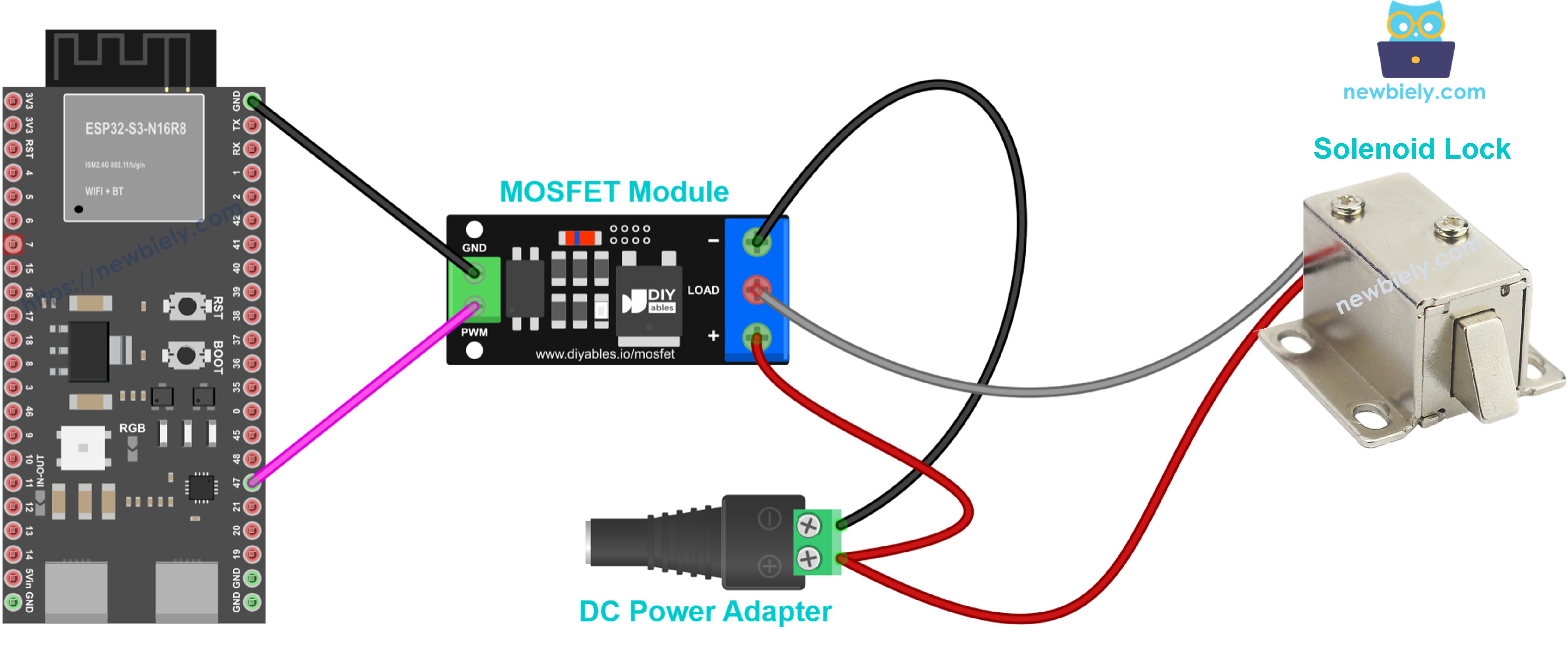 12V solenoid lock wiring through the MOSFET module