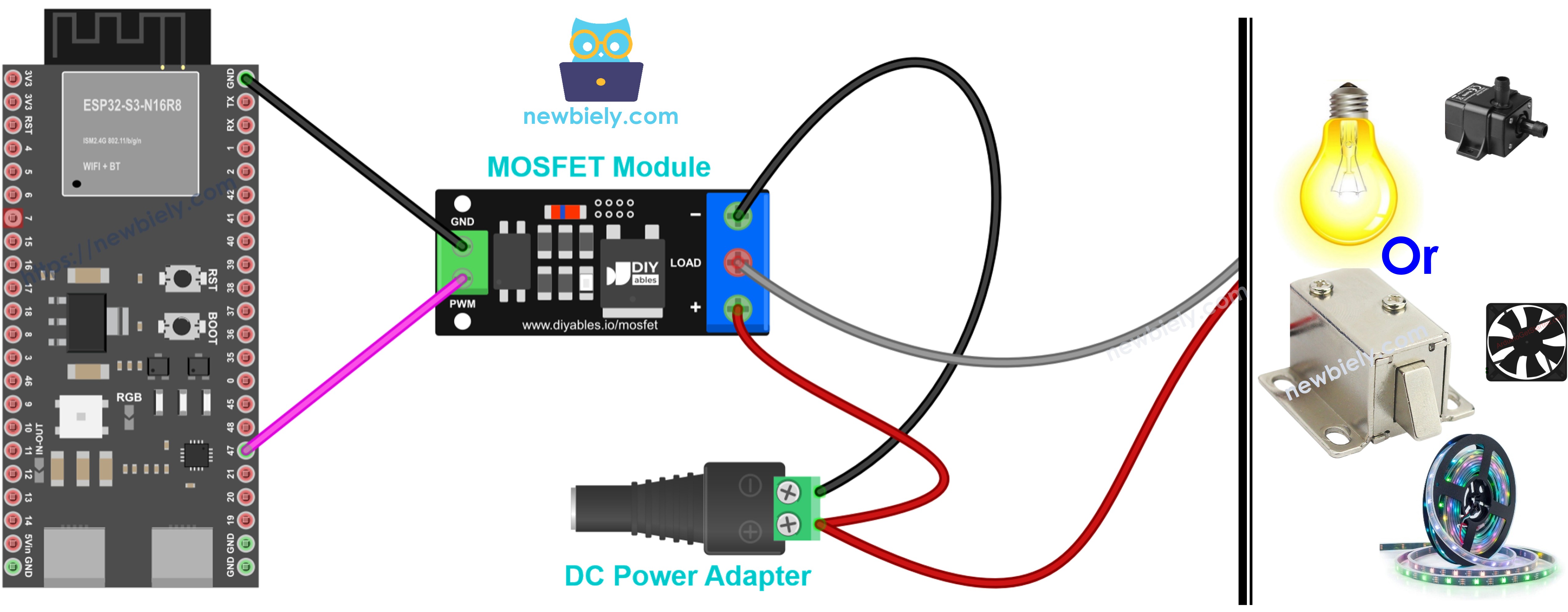The wiring diagram between ESP32 S3 with AOD4184, LR7843 or FR120N MOSFET module
