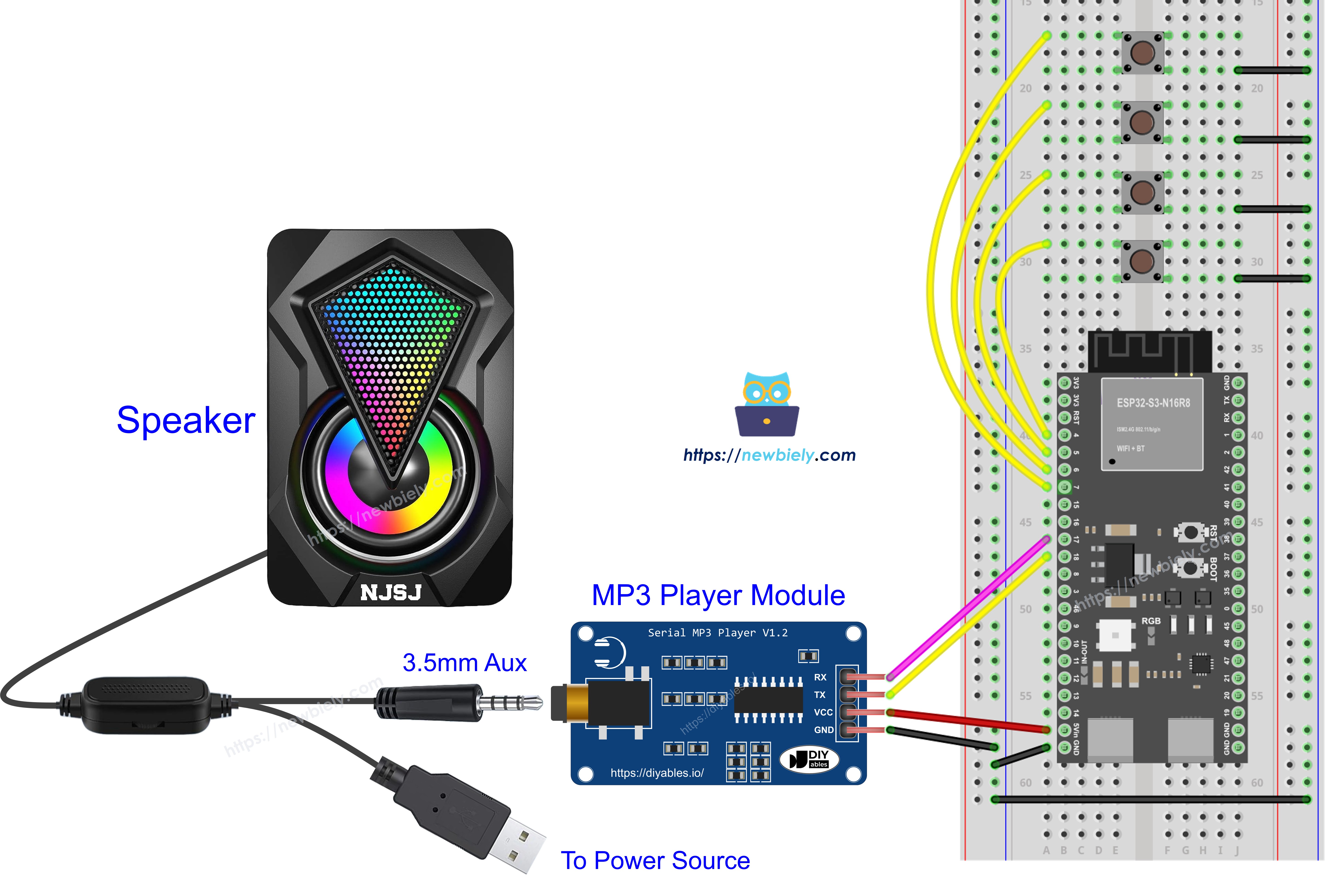 The wiring diagram between ESP32 S3 MP3 player speaker