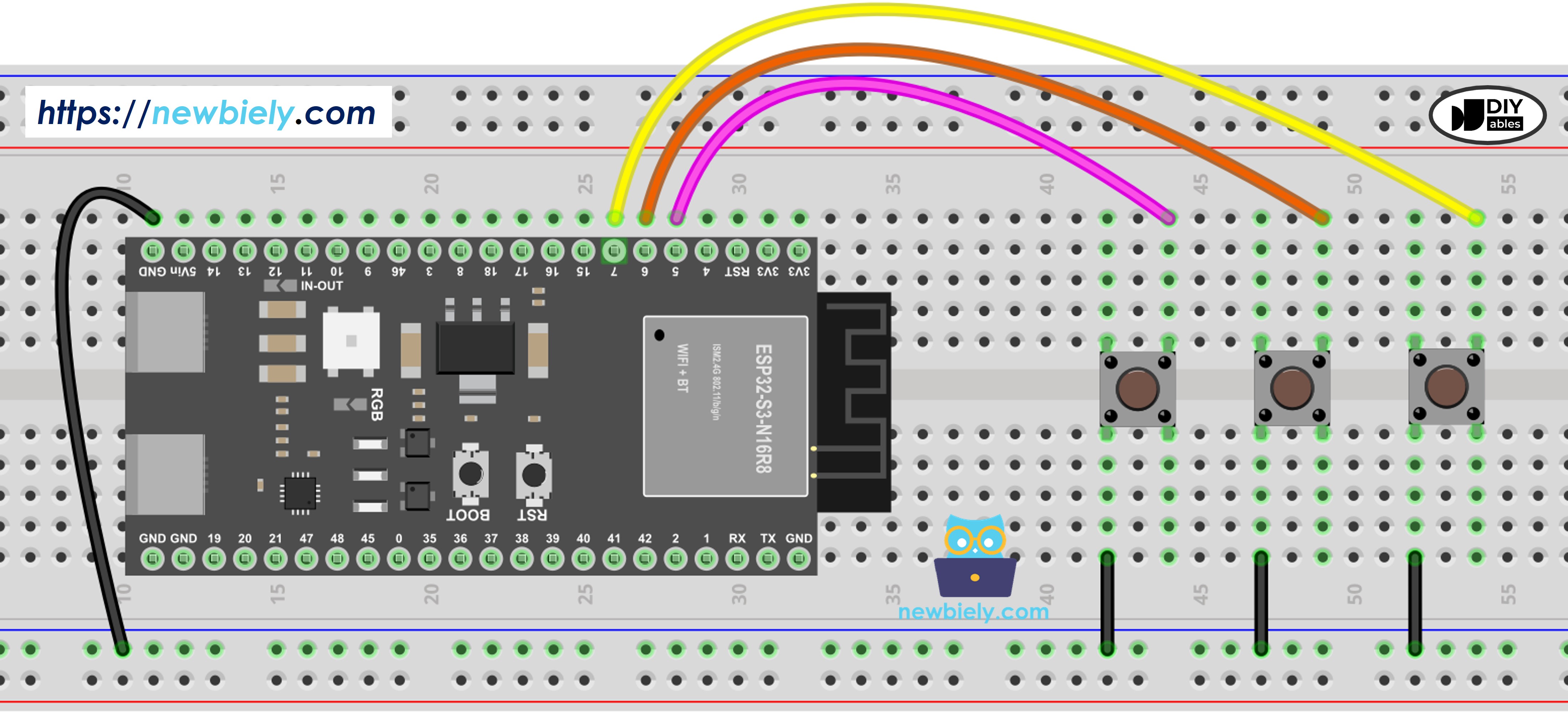 The wiring diagram between ESP32 S3 Button Library
