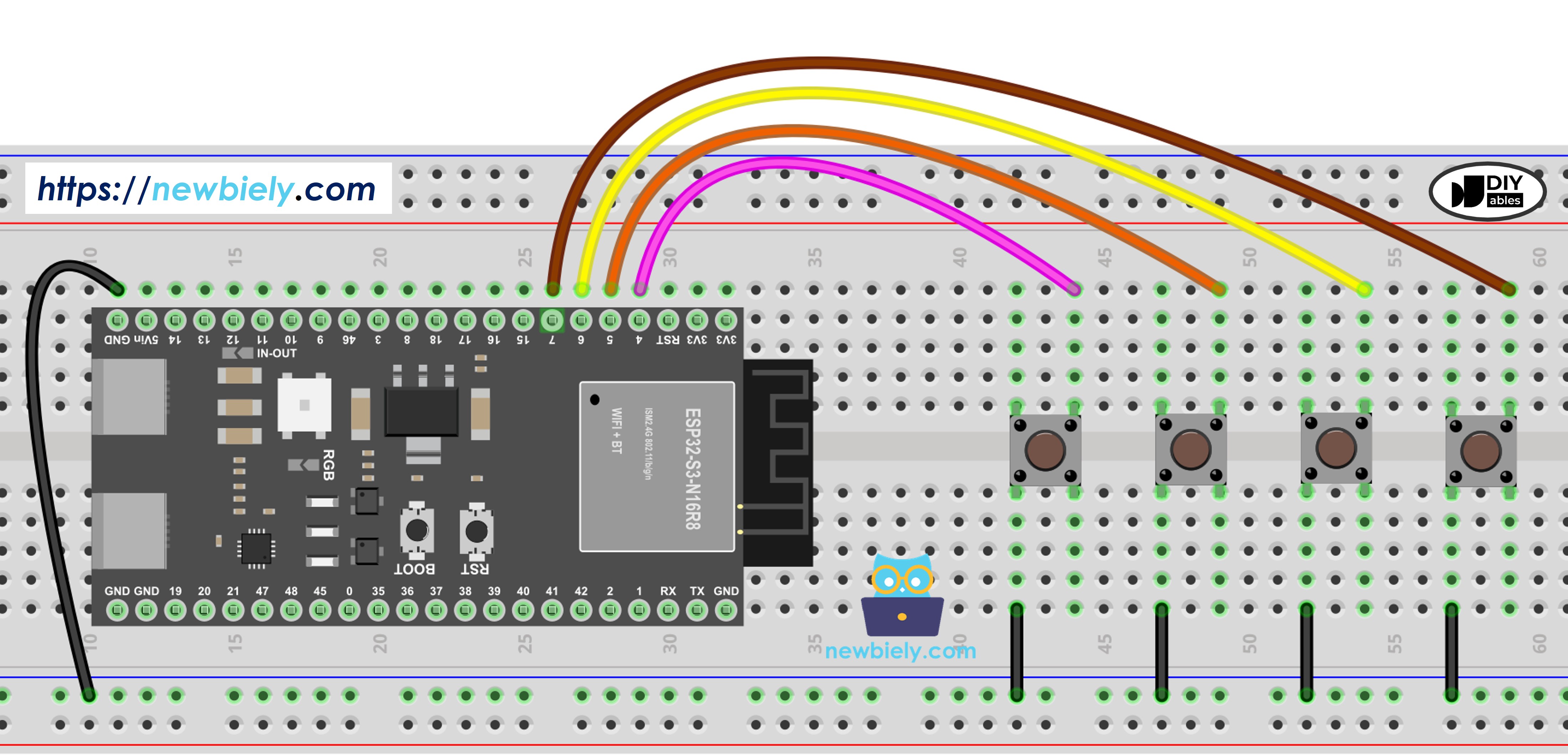 The wiring diagram between ESP32 S3 multiple buttons