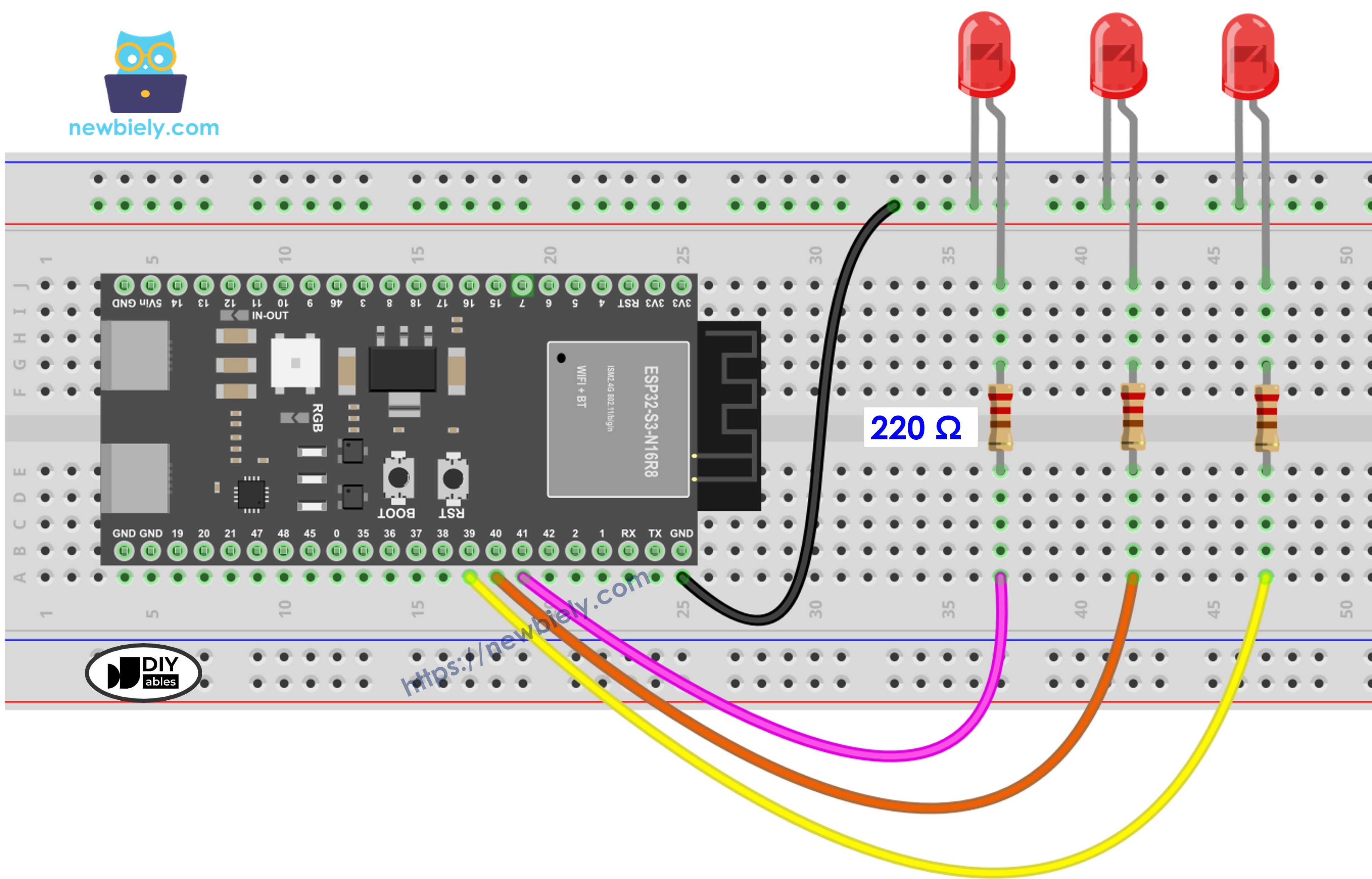 The wiring diagram between ESP32 S3 multiple LED