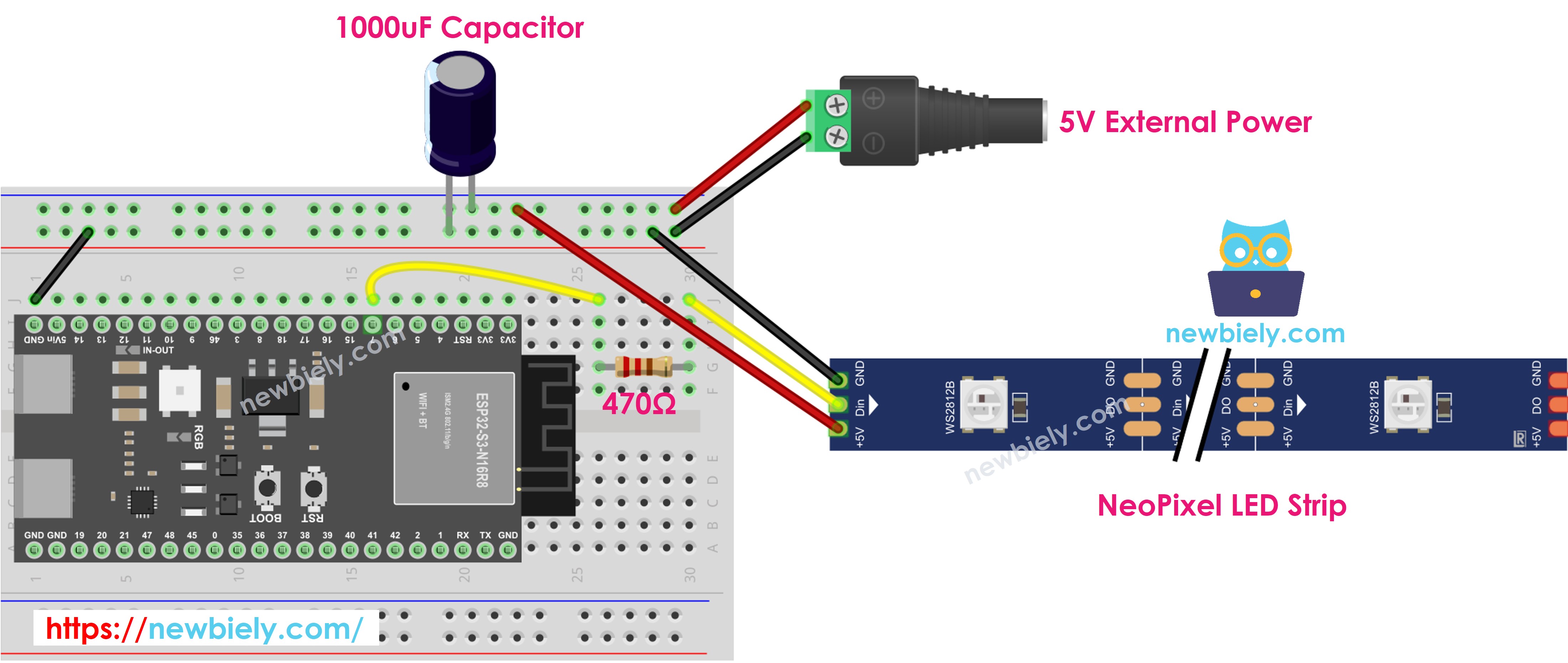 The wiring diagram between ESP32 S3 NeoPixel RGB LED strip