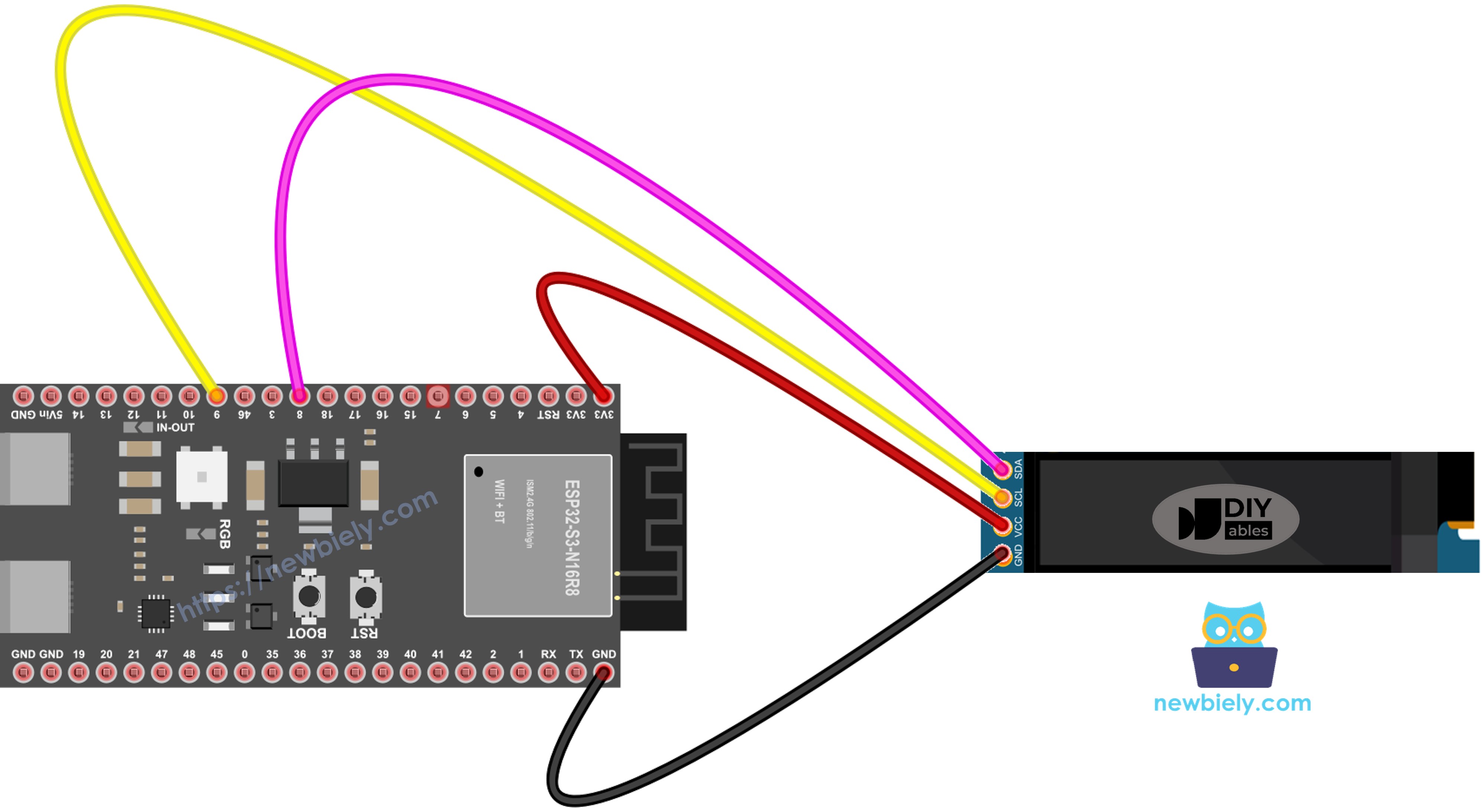 The wiring diagram between ESP32 S3 OLED 128x32