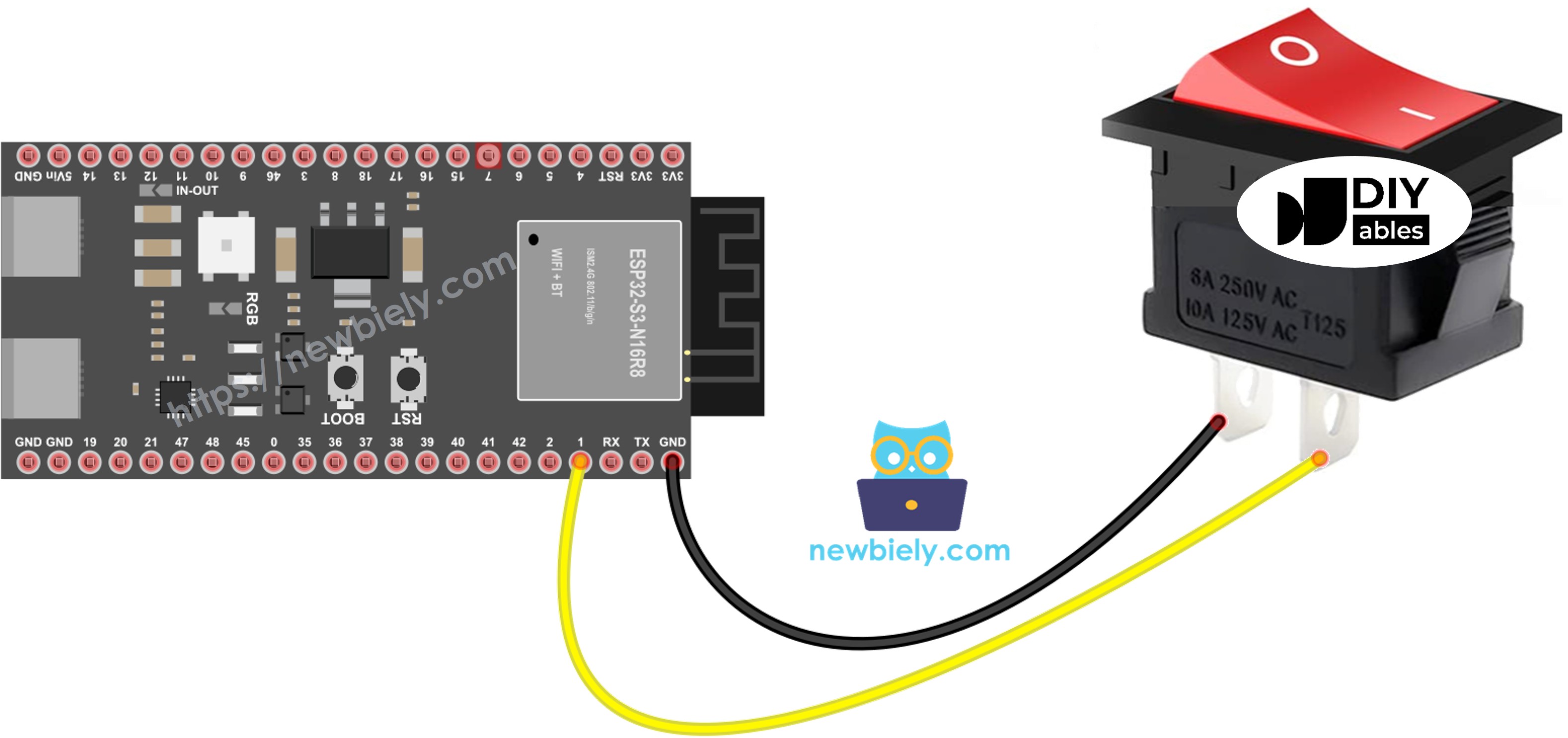 The wiring diagram between ESP32 S3 ON/OFF Switch
