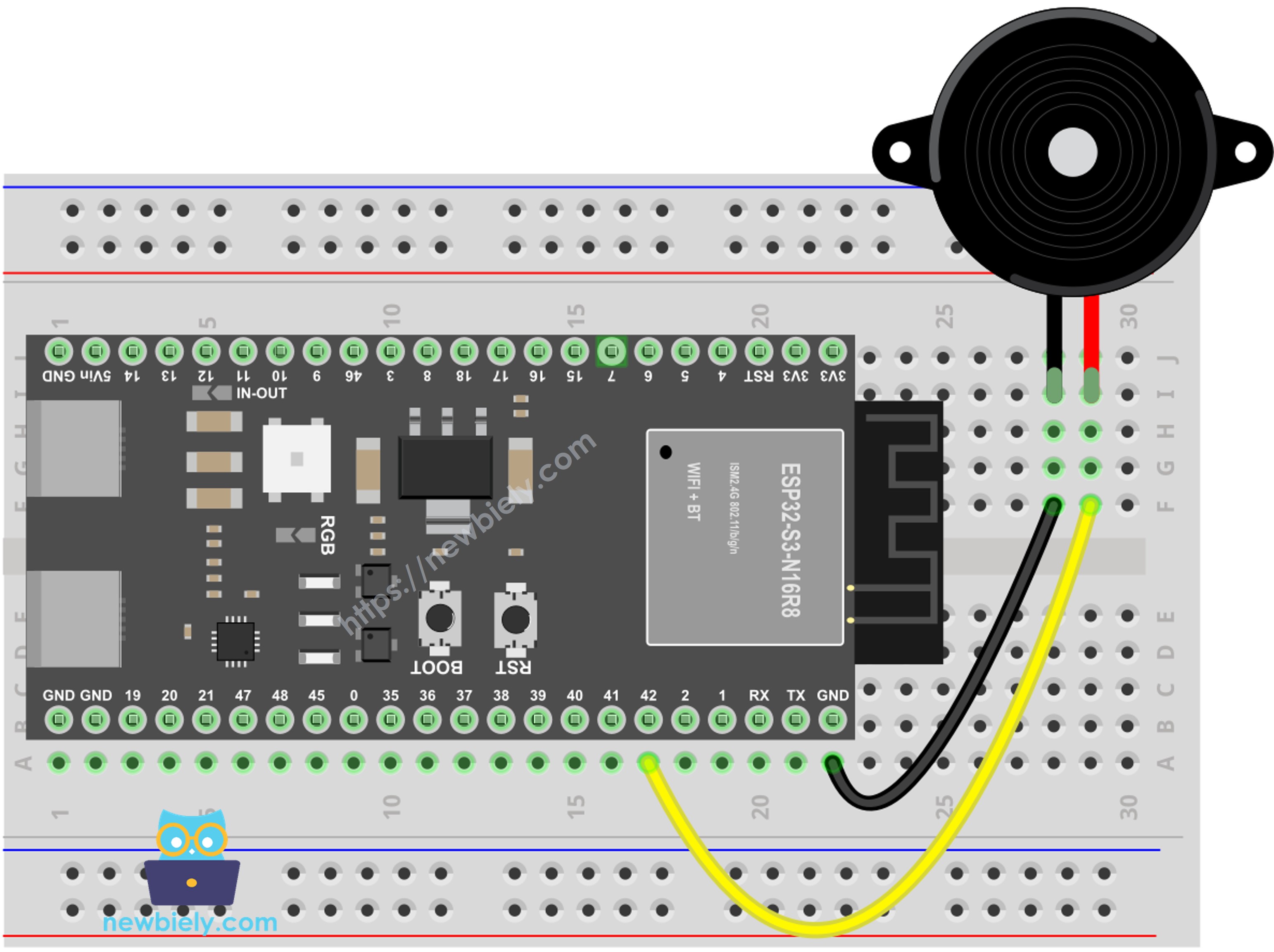 The wiring diagram between ESP32 S3 Piezo Buzzer Module