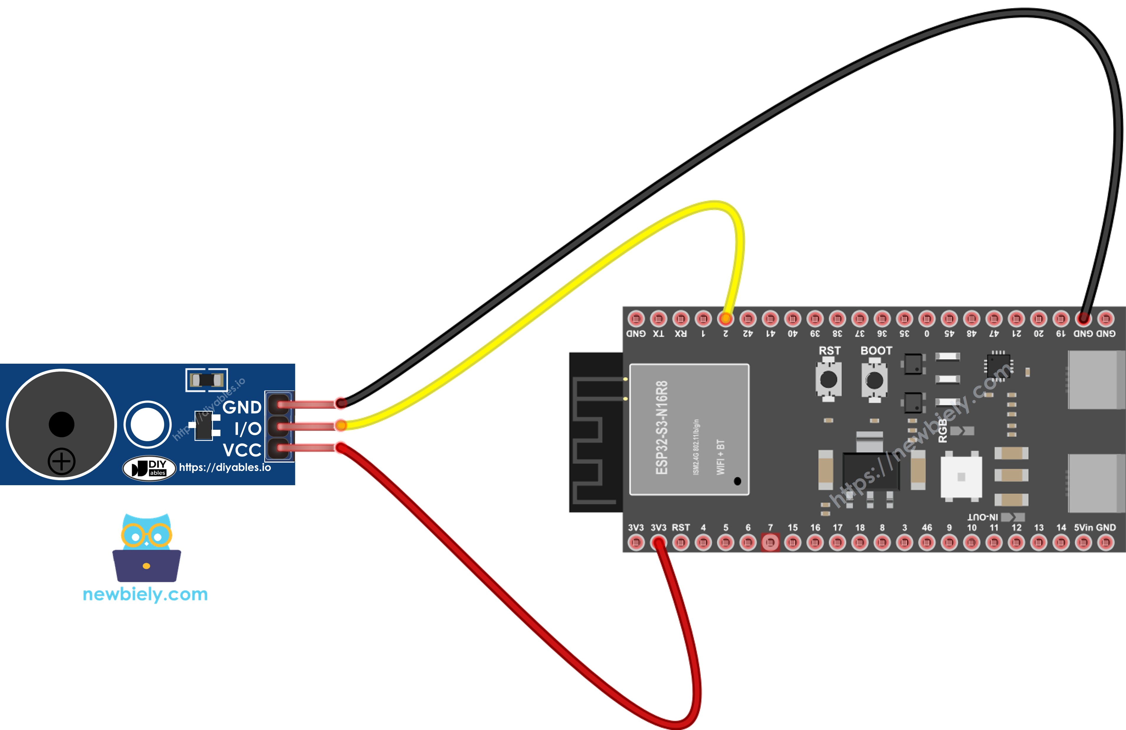 The wiring diagram between ESP32 S3 Piezo Buzzer