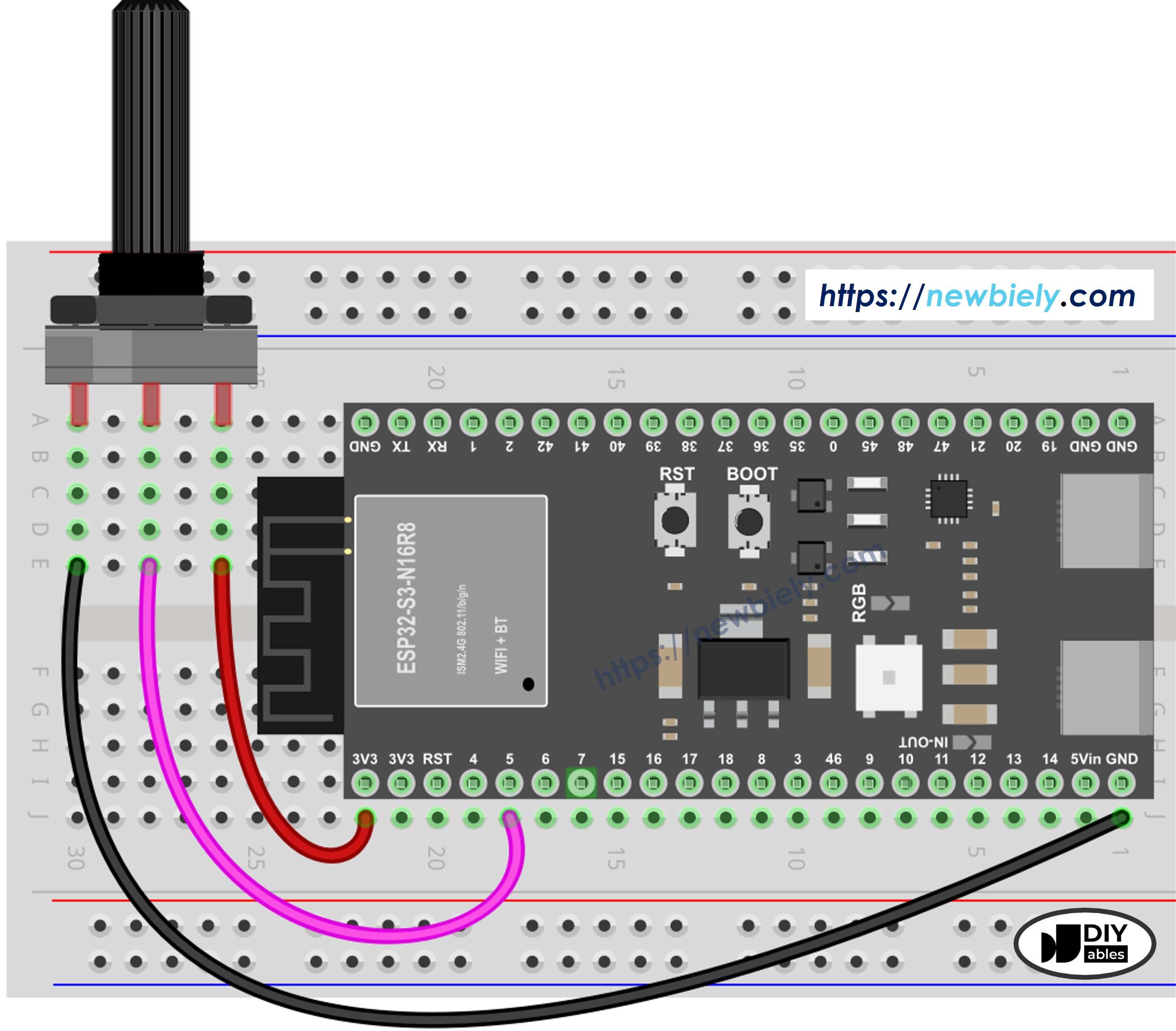 The wiring diagram between ESP32 S3 Potentiometer