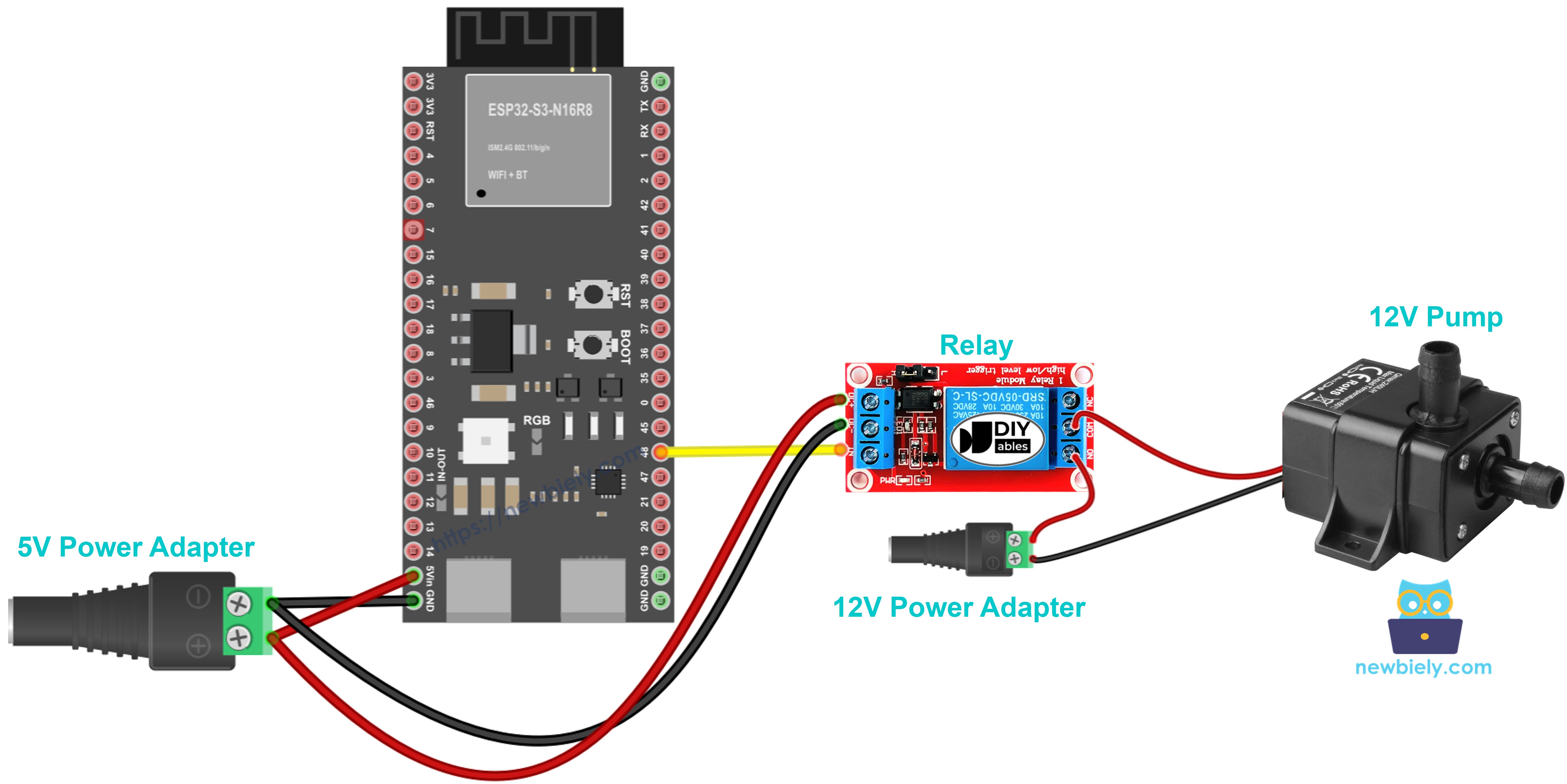 The wiring diagram between ESP32 S3 Pump