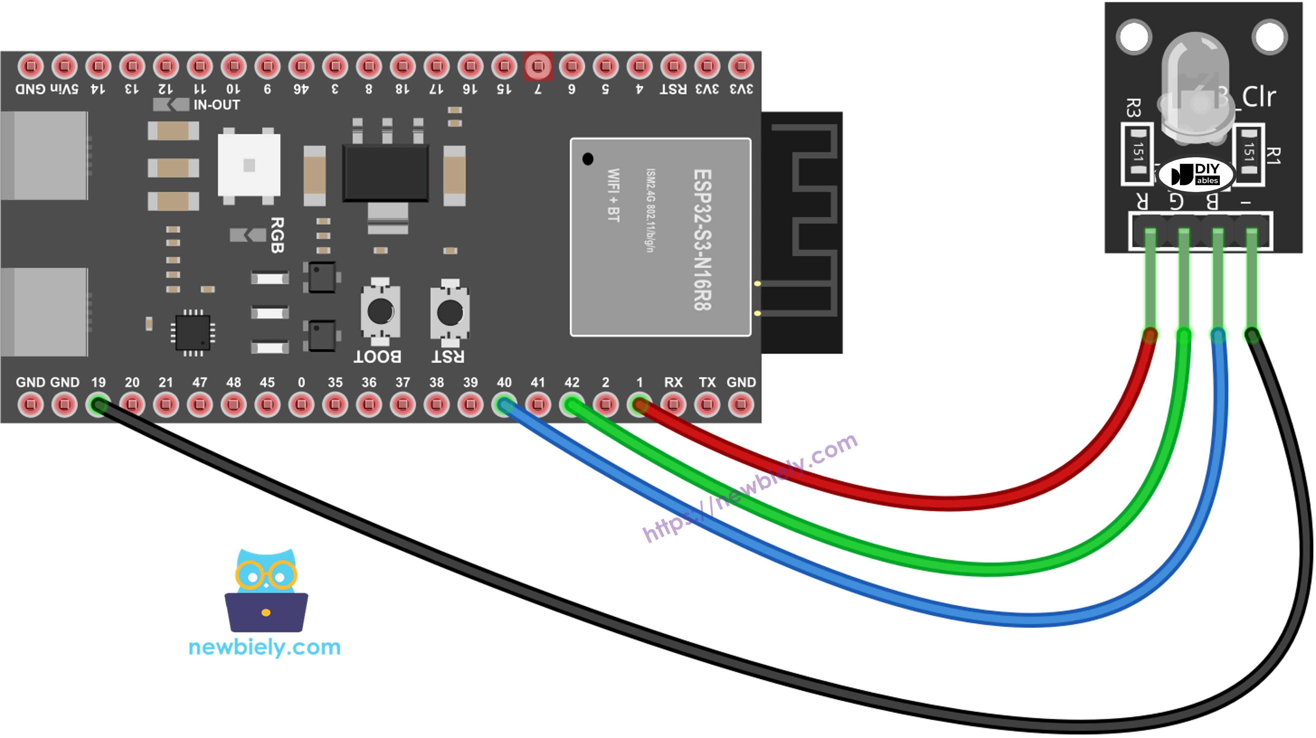The wiring diagram between ESP32 S3 RGB LED Module