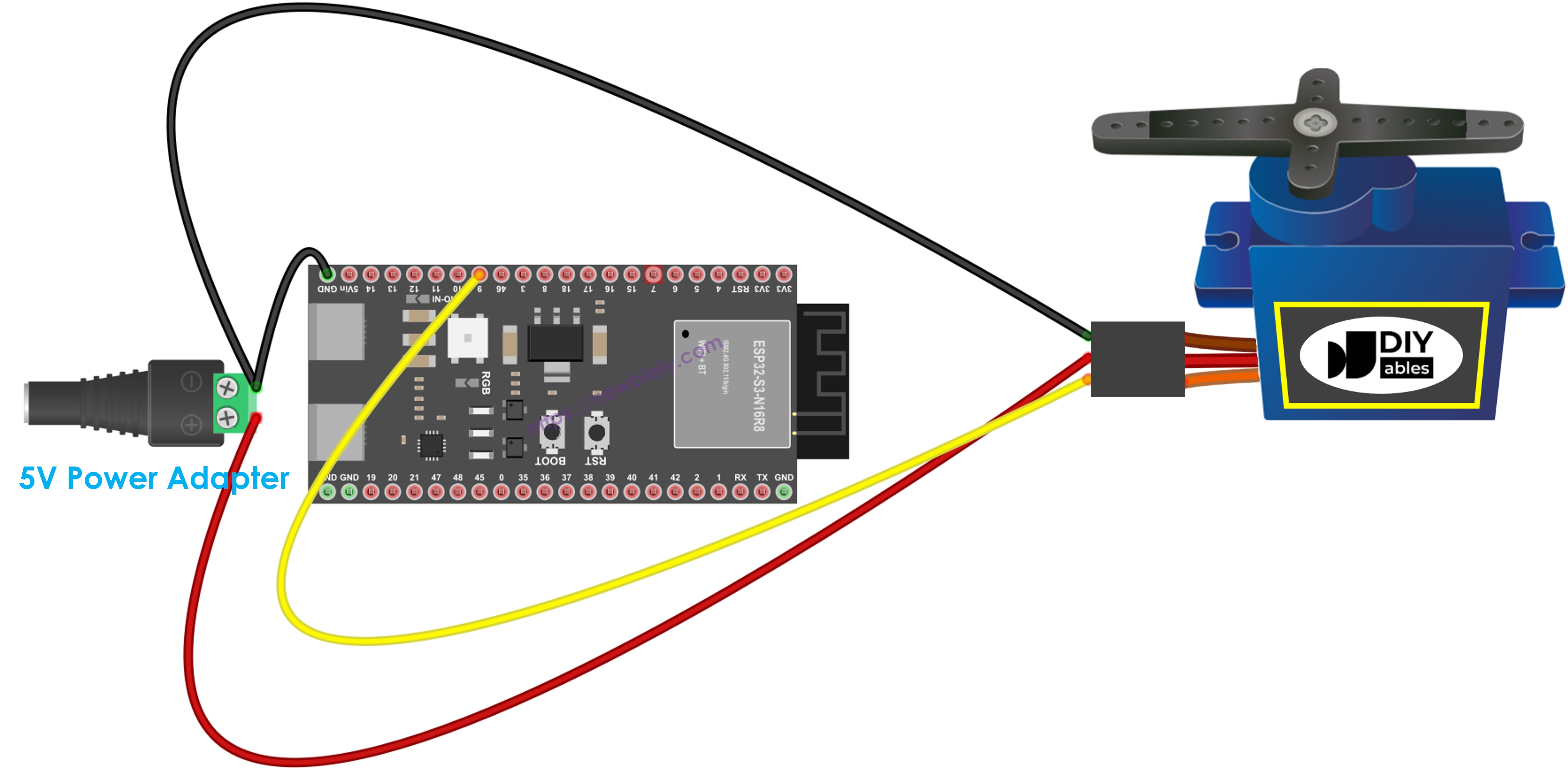 The wiring diagram between ESP32 S3 servo motor external power supply
