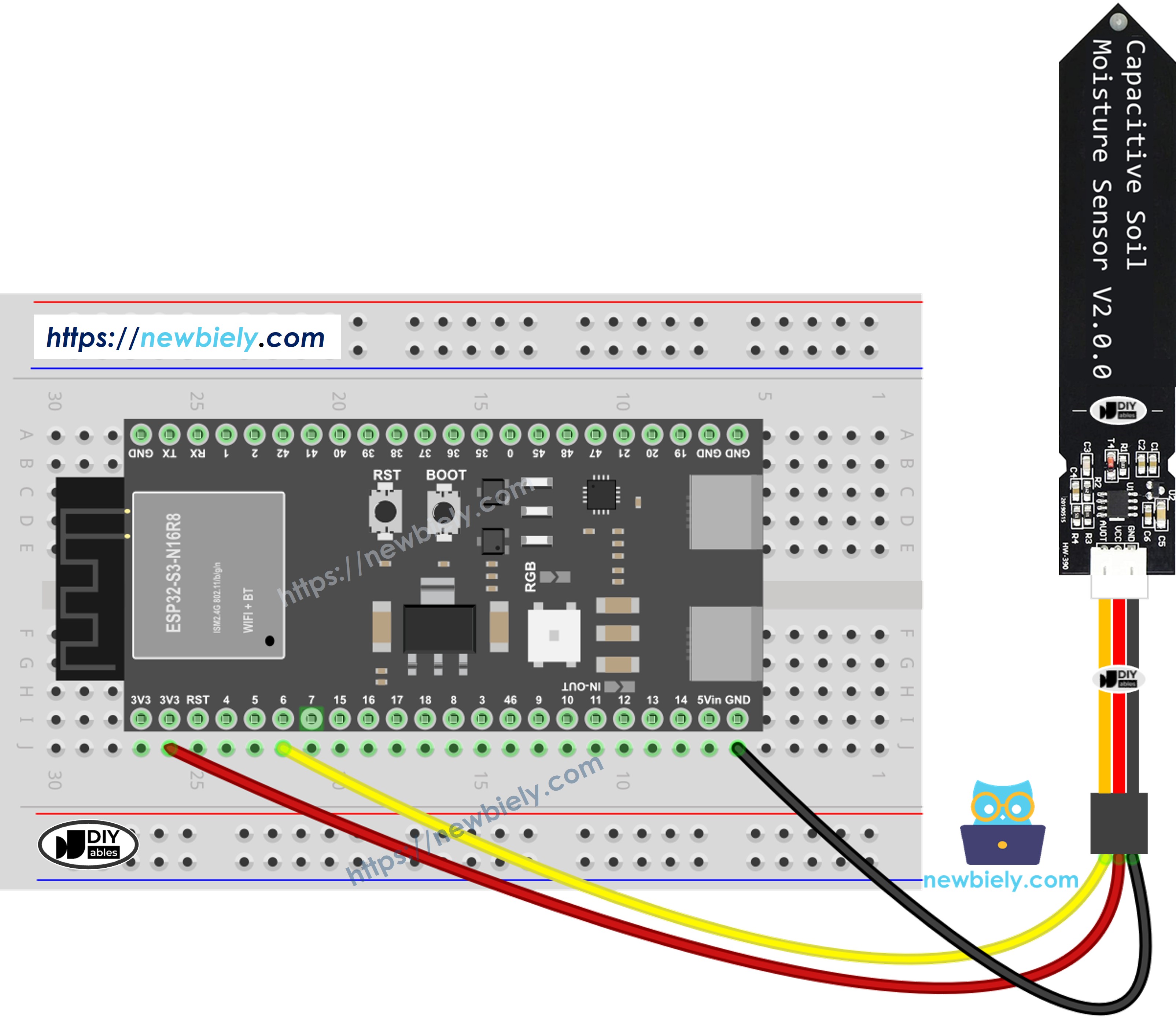 The wiring diagram between ESP32 S3 soil moisture sensor