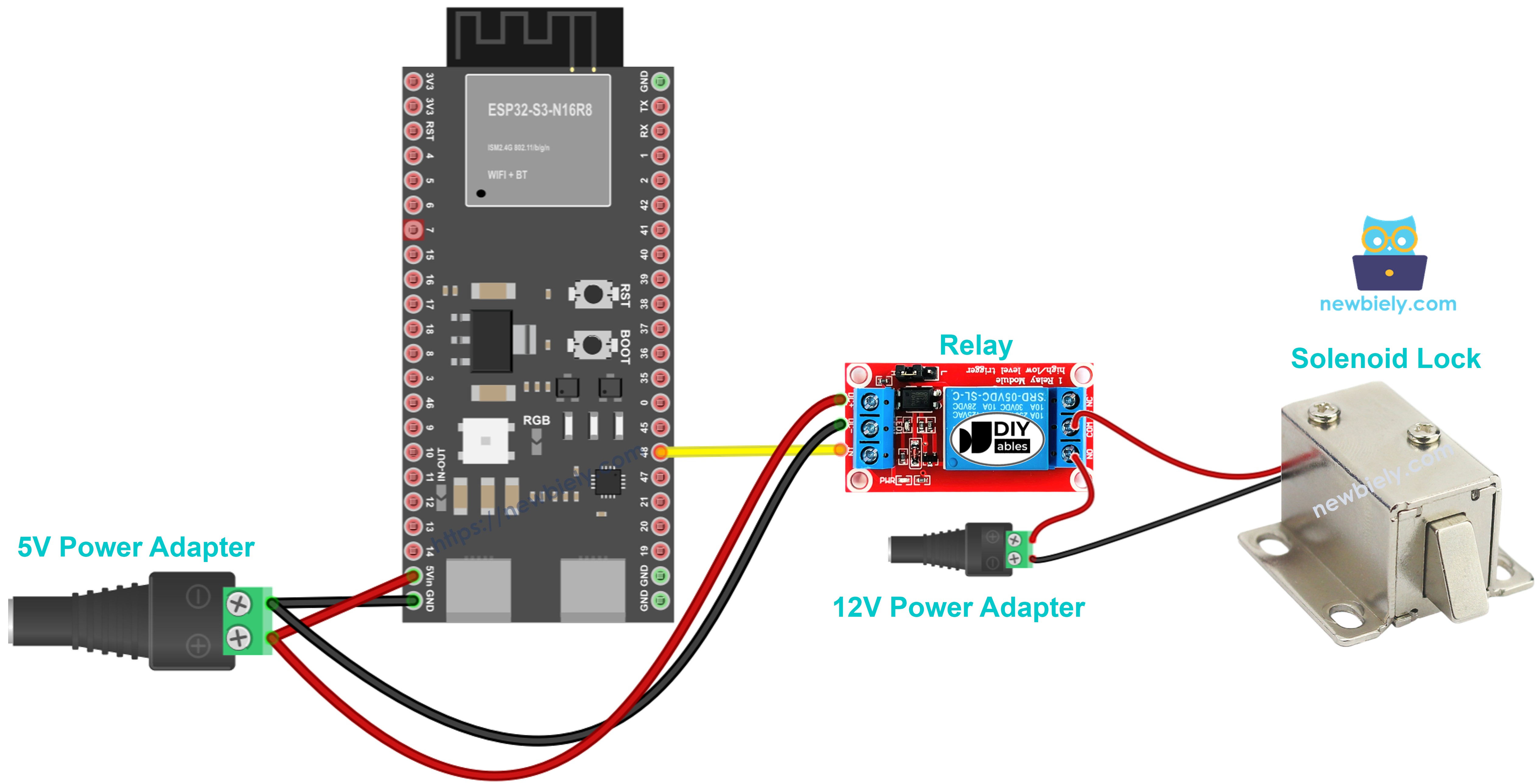 The wiring diagram between ESP32 S3 Solenoid Lock