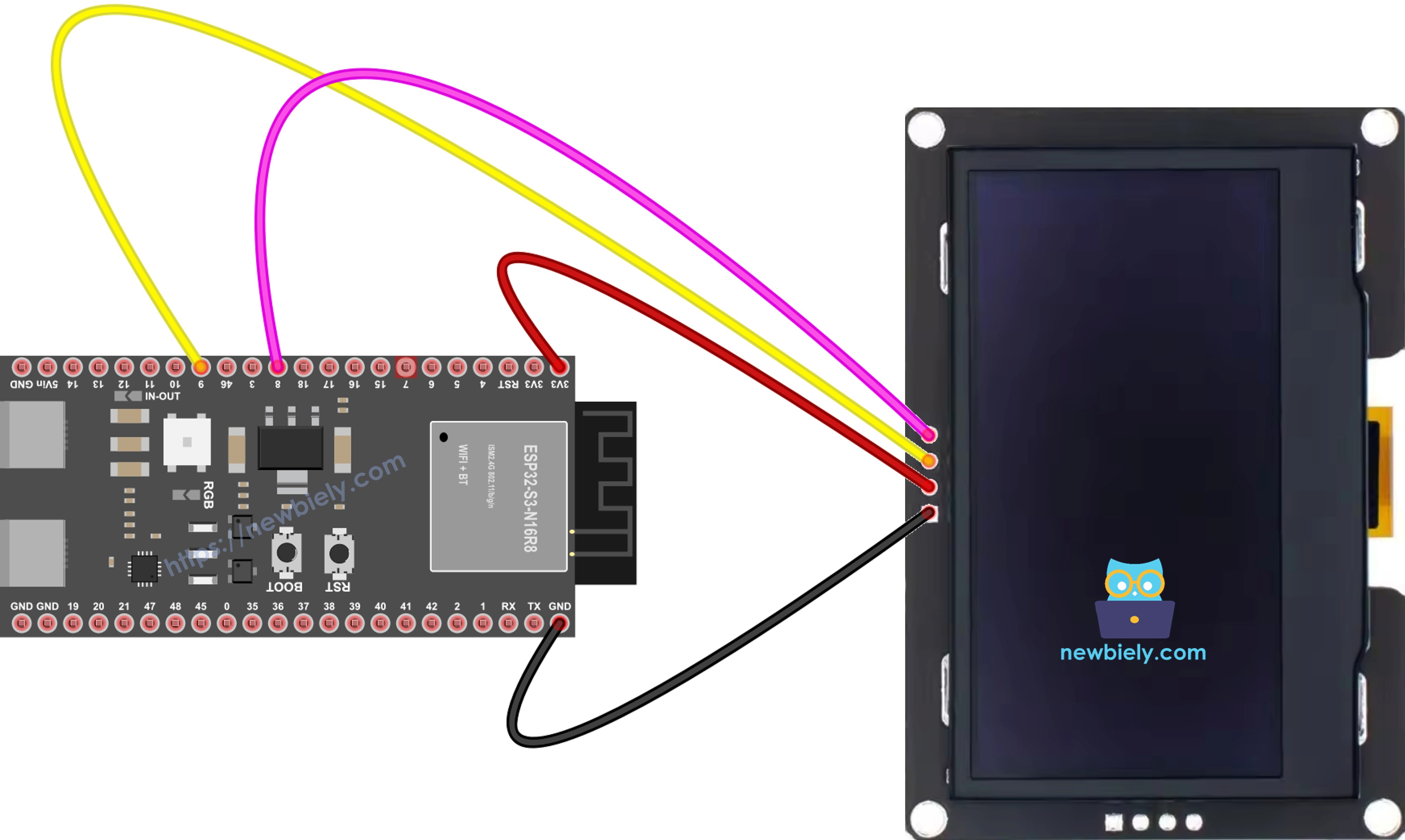 The wiring diagram between ESP32 S3 SSD1309 OLED