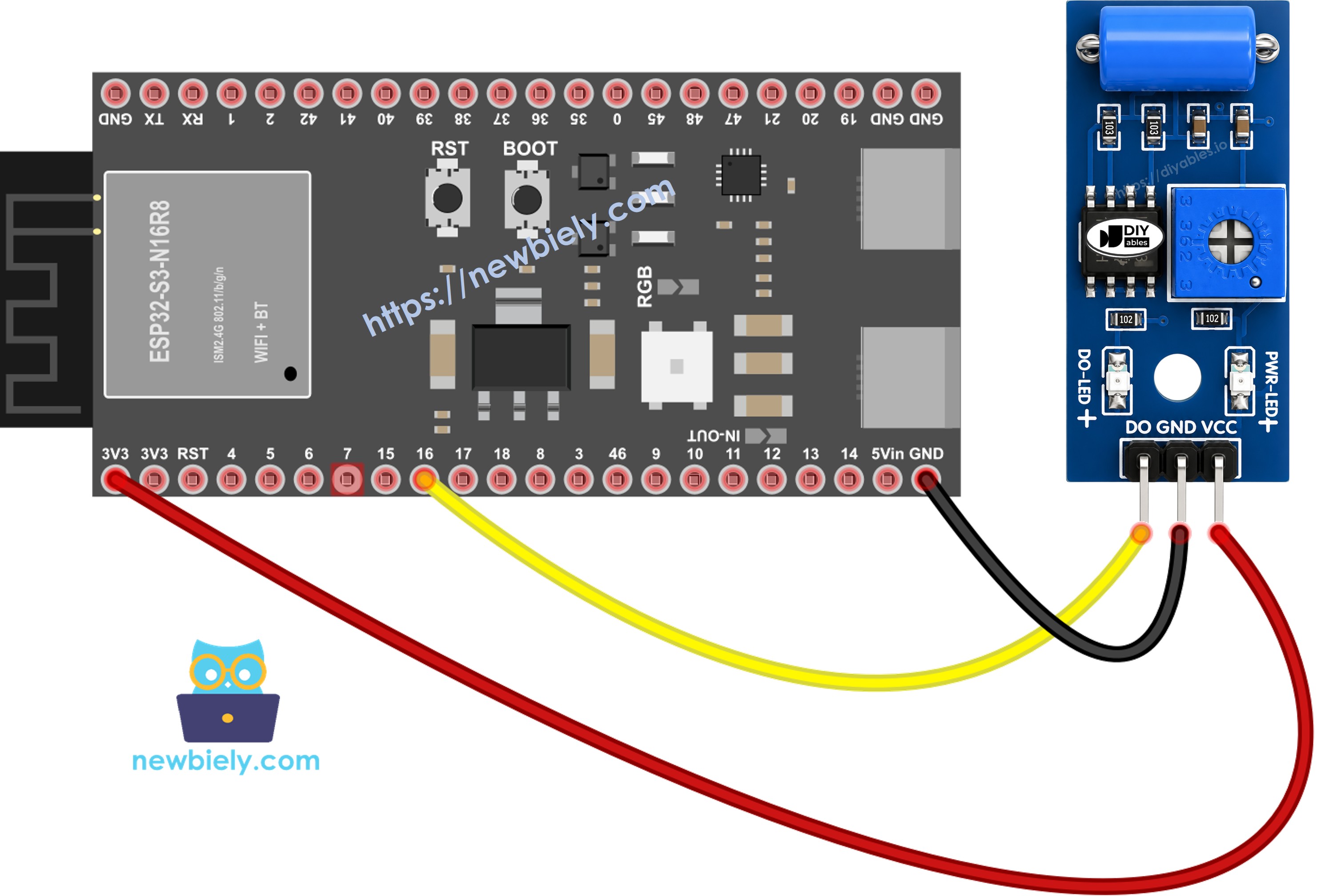 The wiring diagram between ESP32 S3 SW-420 Vibration Sensor