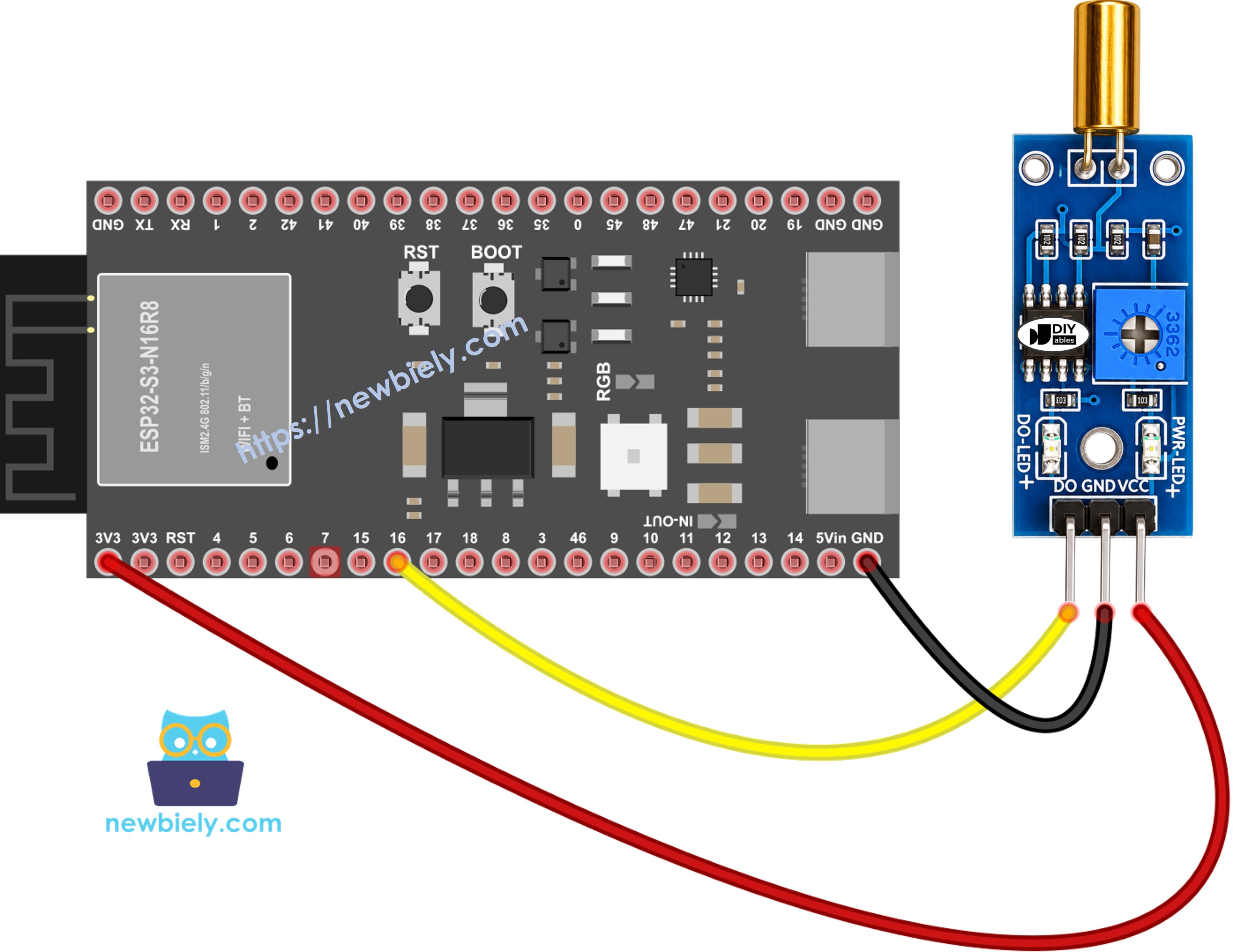The wiring diagram between ESP32 S3 SW520D Tilt Sensor