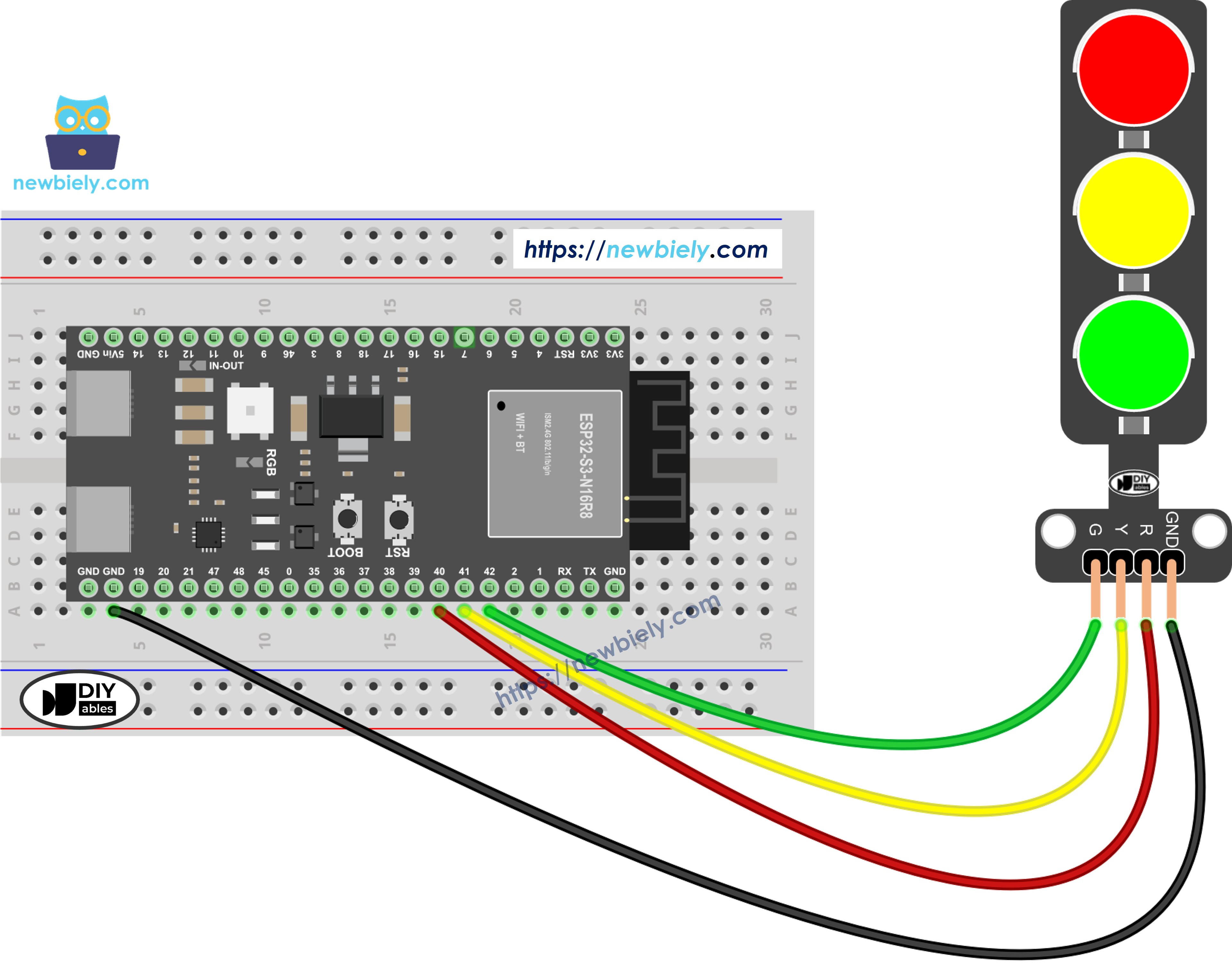 The wiring diagram between ESP32 S3 traffic light