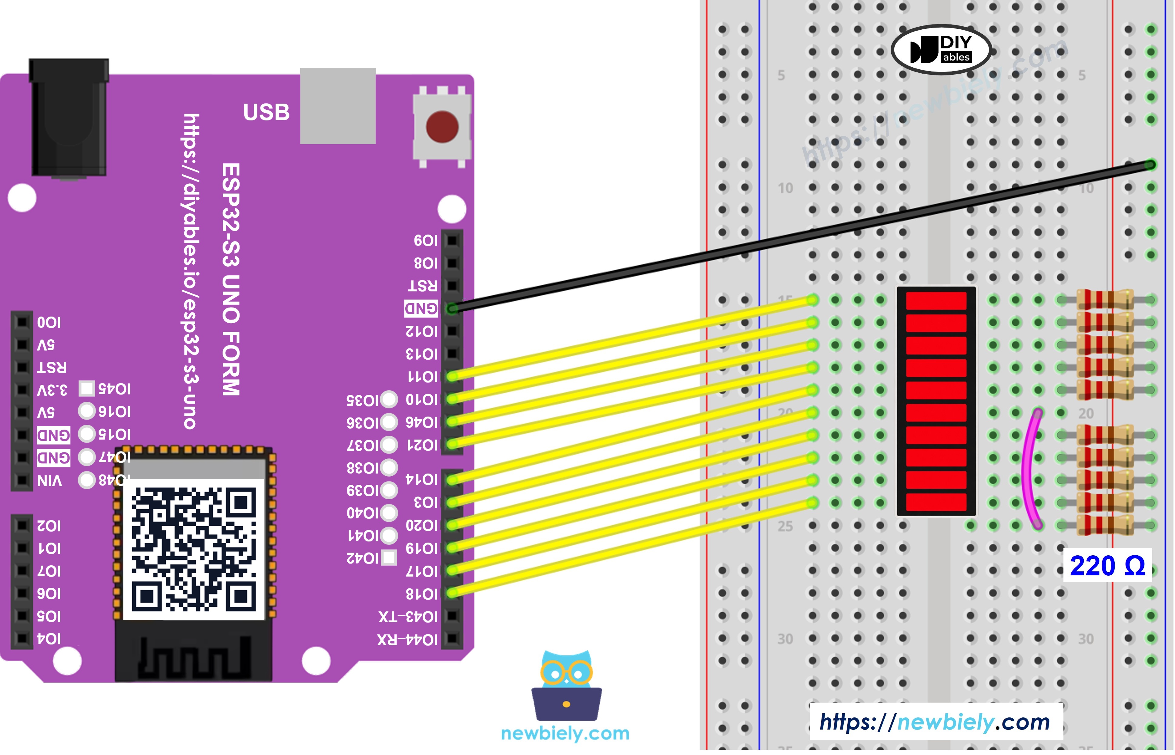 The wiring diagram between ESP32 S3 Uno and 10 Segment LED Bar Graph
