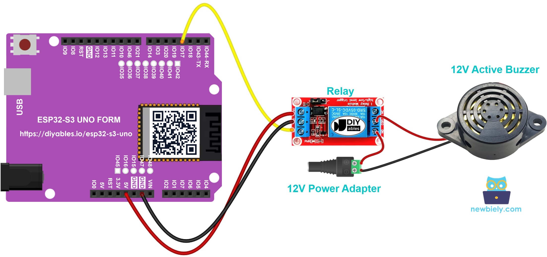 The wiring diagram between ESP32 S3 Uno 12V Active Buzzer