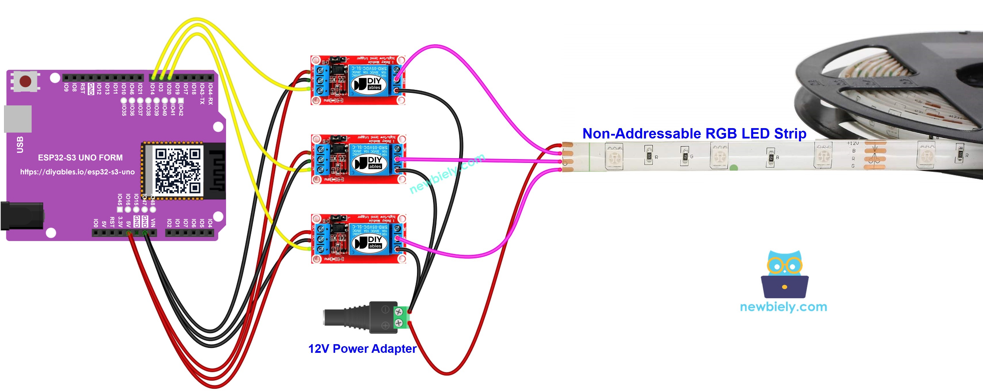 The wiring diagram between ESP32 S3 Uno 12V RGB LED strip