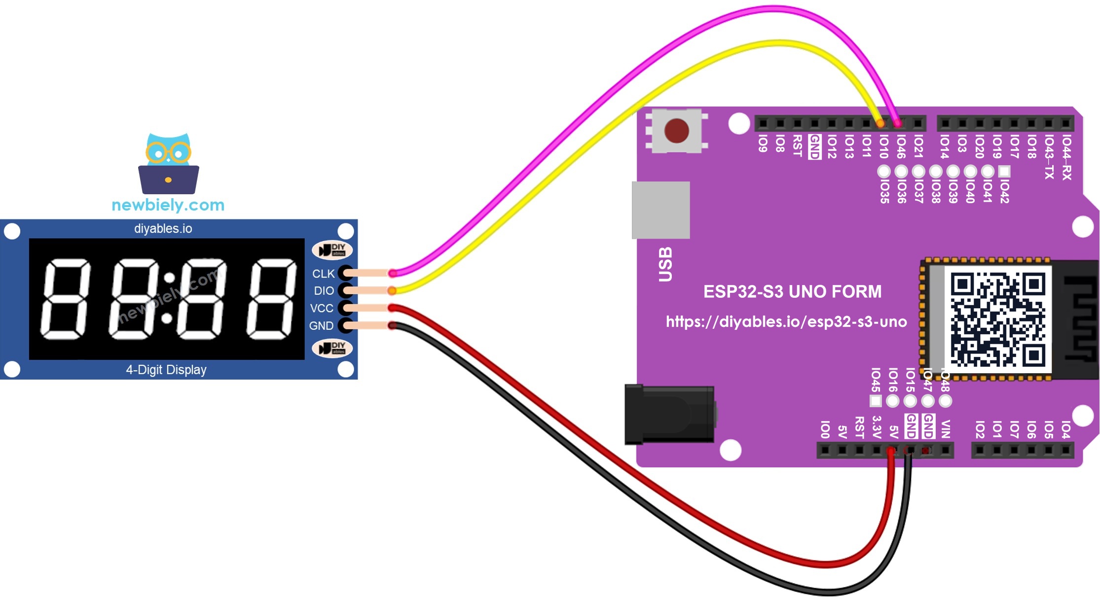 The wiring diagram between ESP32 S3 Uno TM1637 4-digit 7-segment display