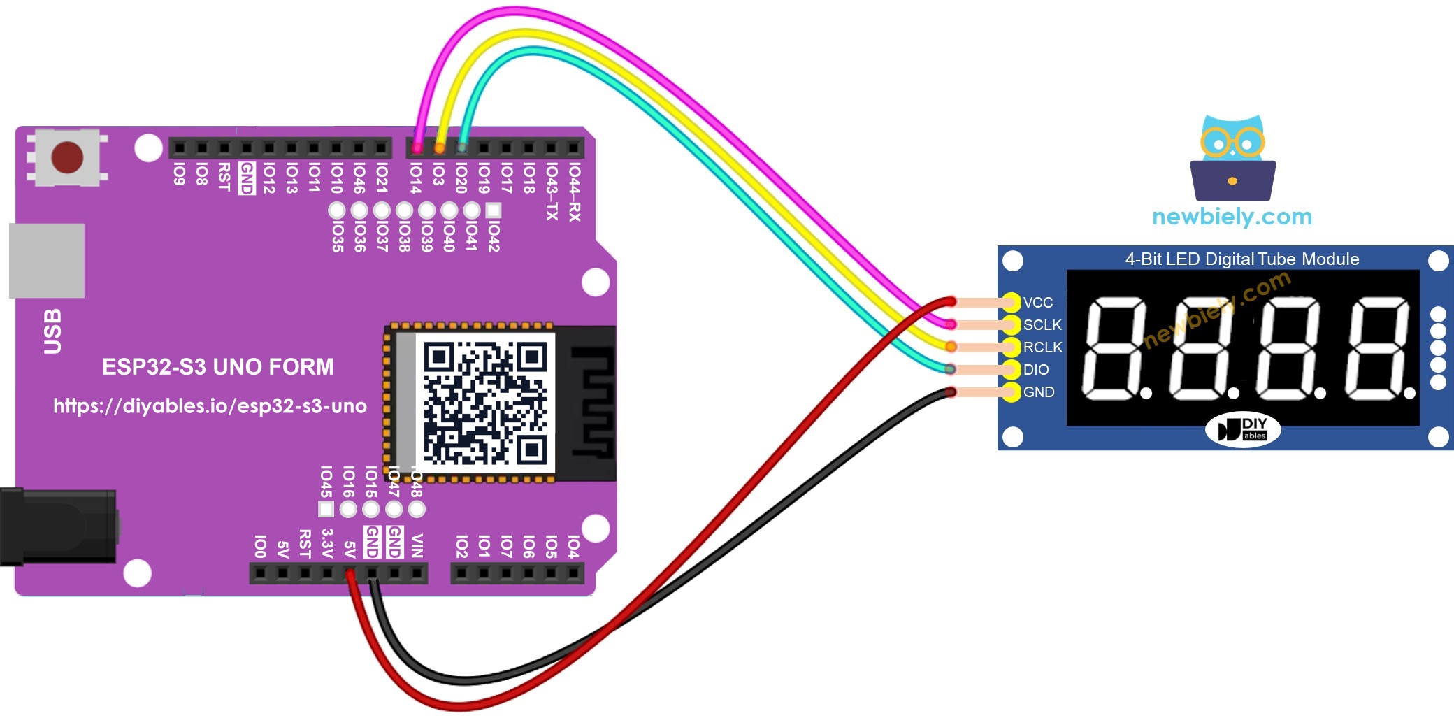 The wiring diagram between ESP32 S3 Uno 74HC595 4-digit 7-segment display
