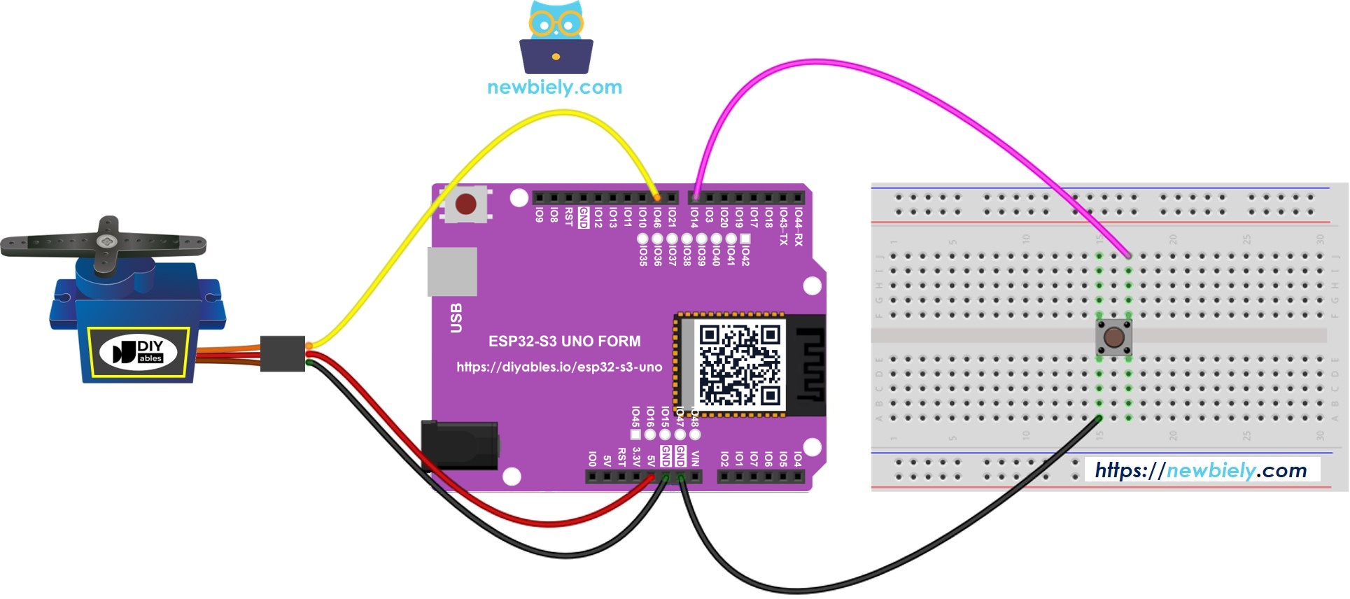 The wiring diagram between ESP32 S3 Uno Button Servo Motor