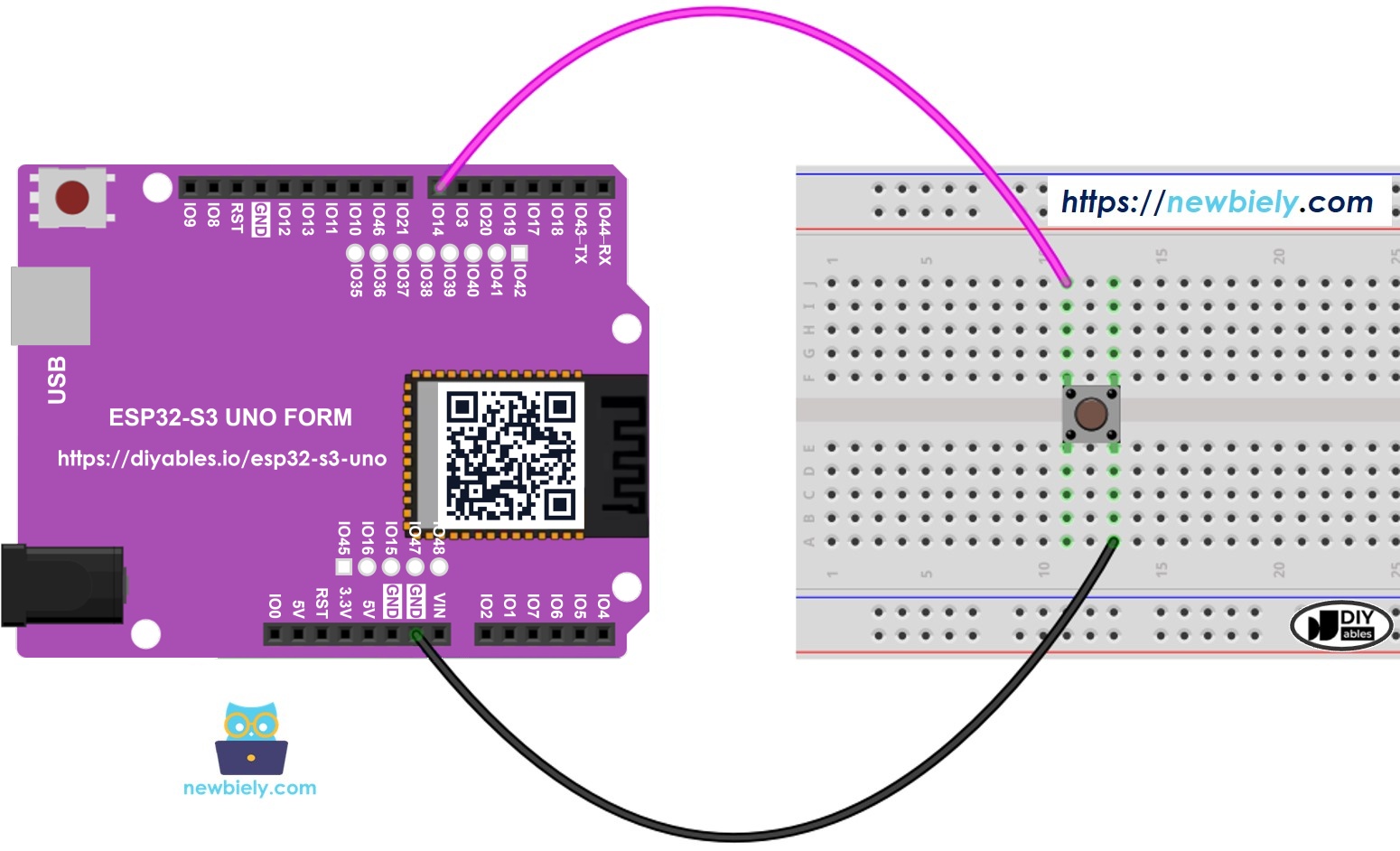 The wiring diagram between ESP32 S3 Uno Button