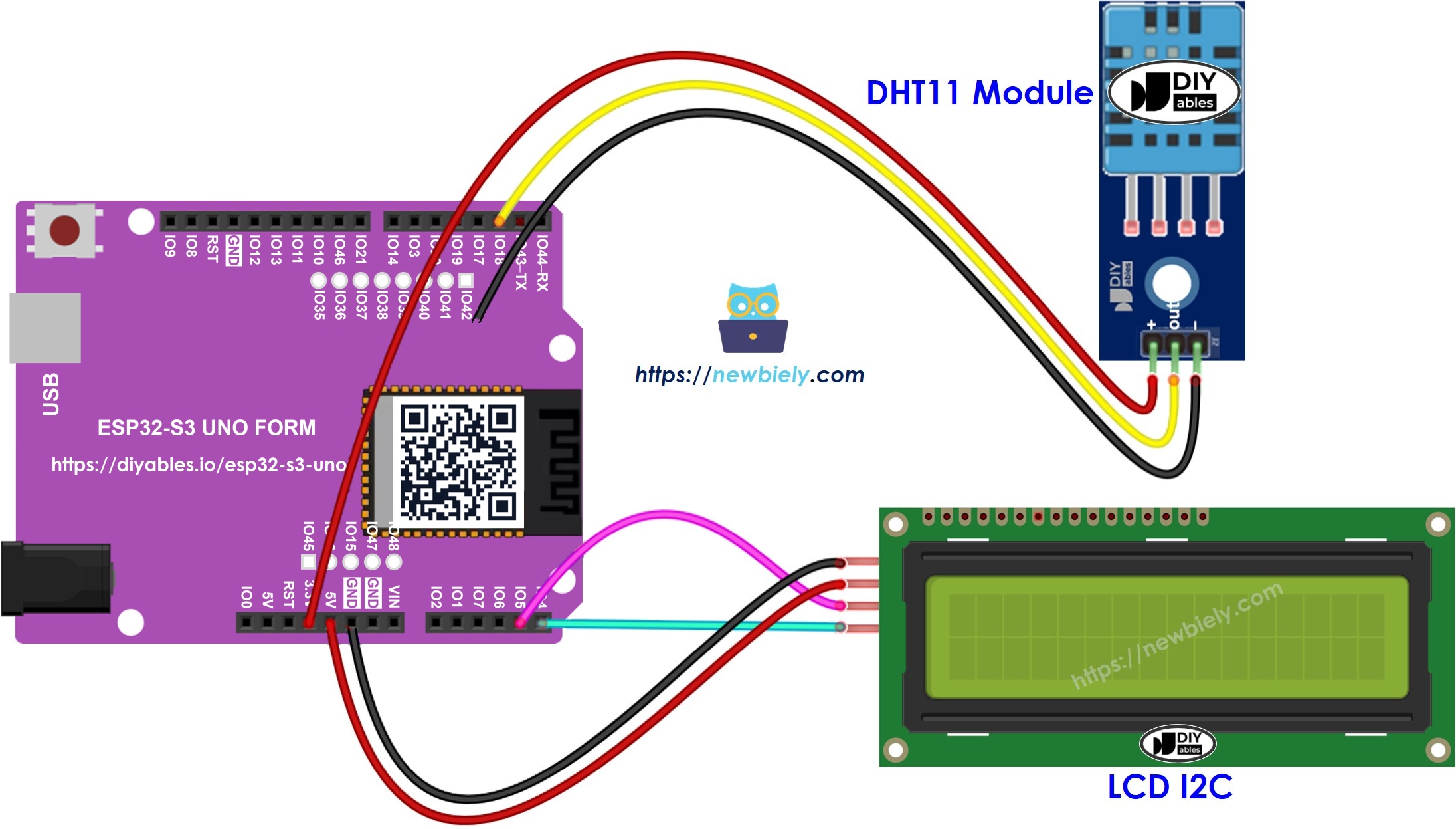The wiring diagram between ESP32 S3 Uno DHT11 LCD