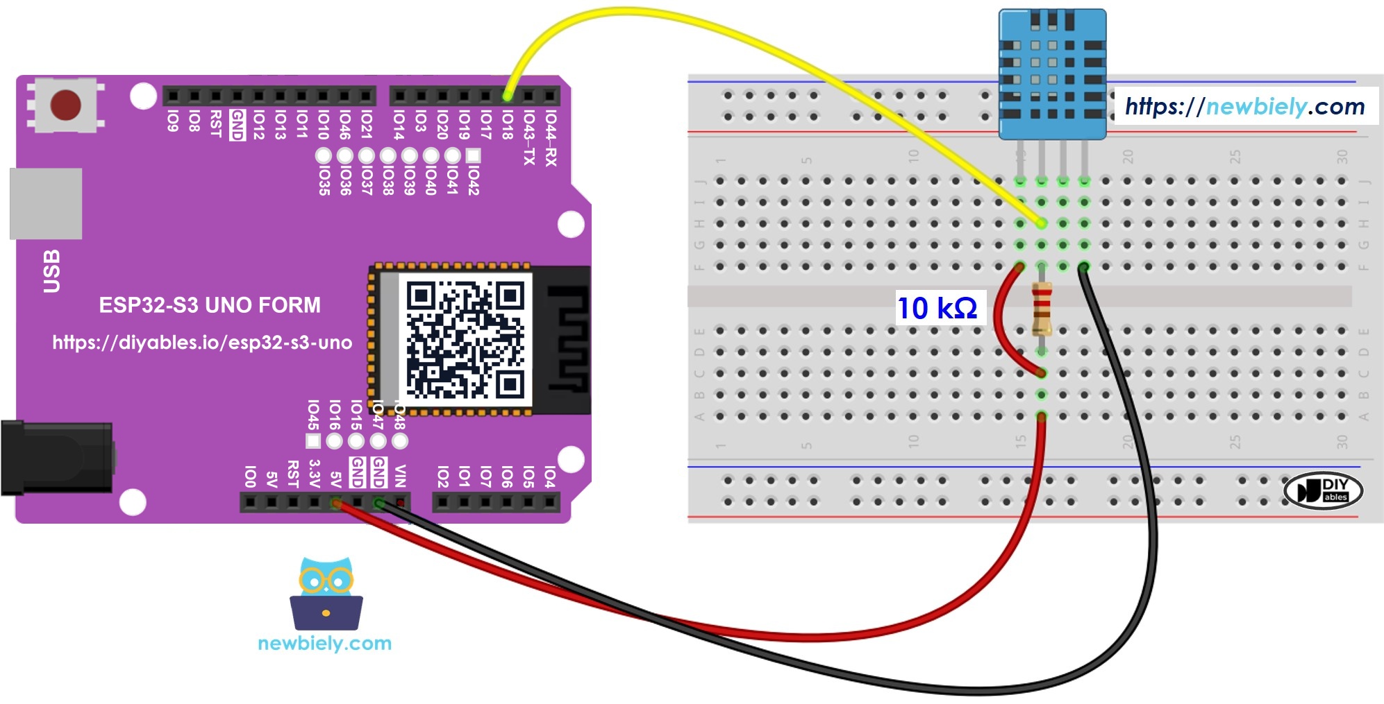 The wiring diagram between ESP32 S3 Uno DHT11 Temperature and humidity Sensor