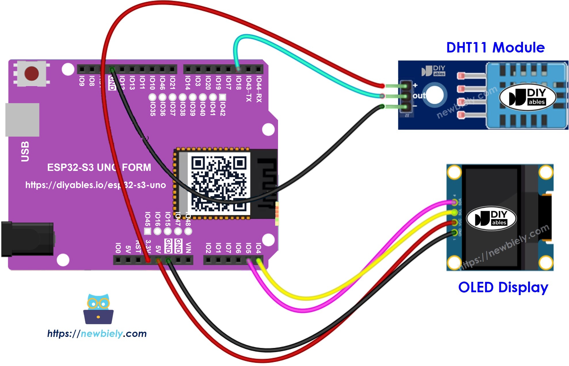 The wiring diagram between ESP32 S3 Uno DHT11 temperature humidity sensor module OLED