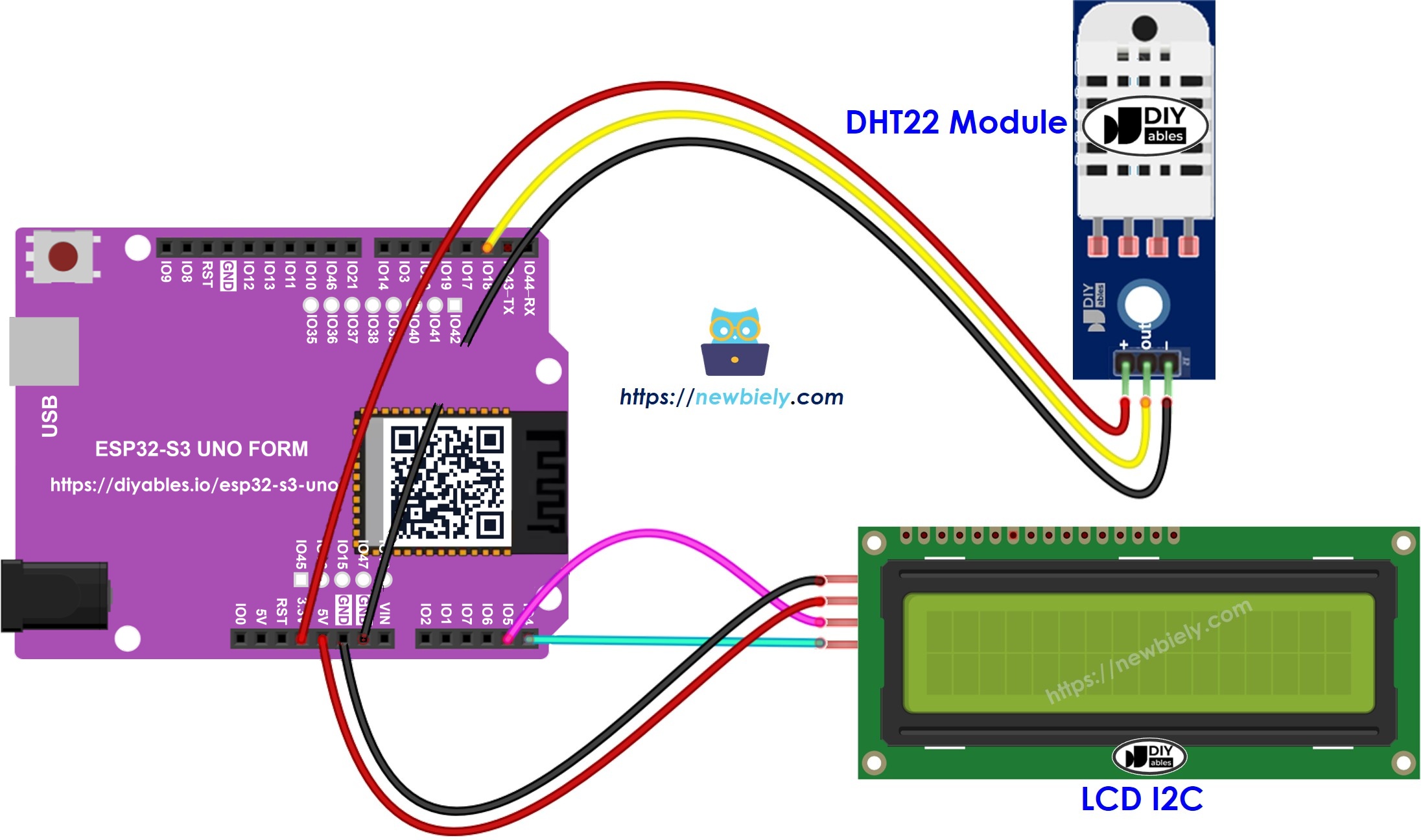 The wiring diagram between ESP32 S3 Uno DHT22 LCD