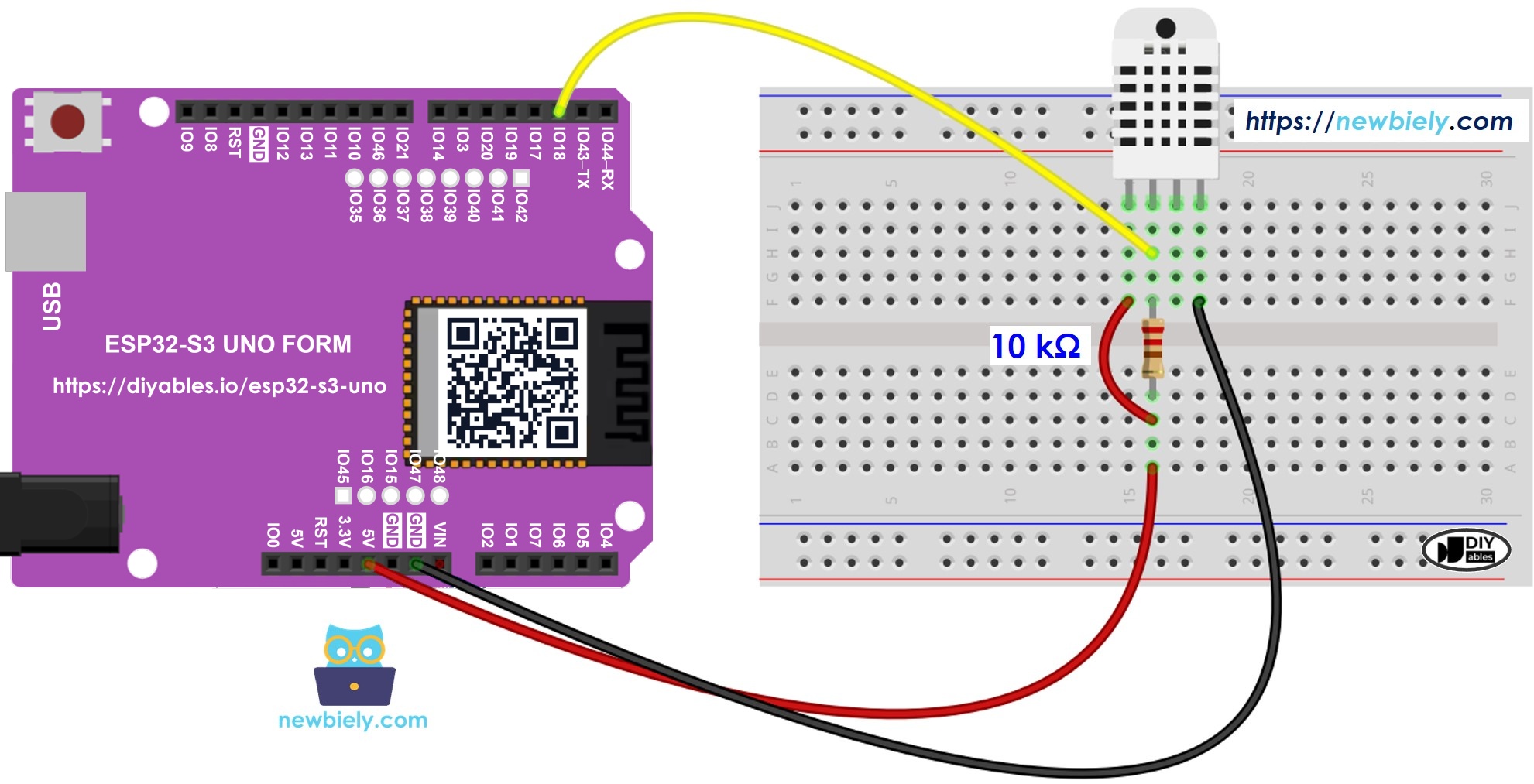 The wiring diagram between ESP32 S3 Uno DHT22 Temperature and humidity Sensor