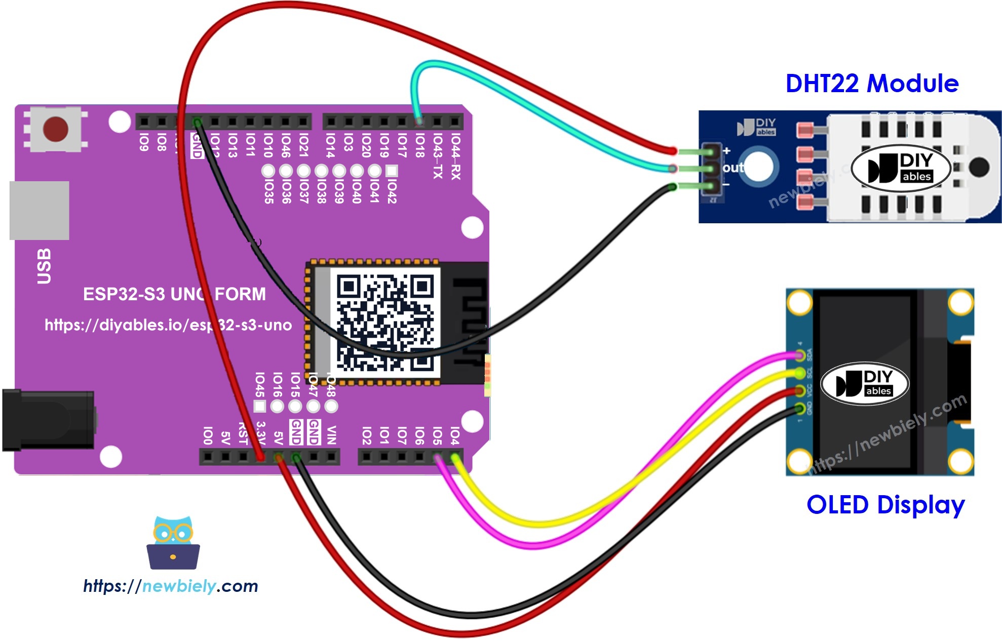 The wiring diagram between ESP32 S3 Uno DHT22 temperature humidity sensor module OLED