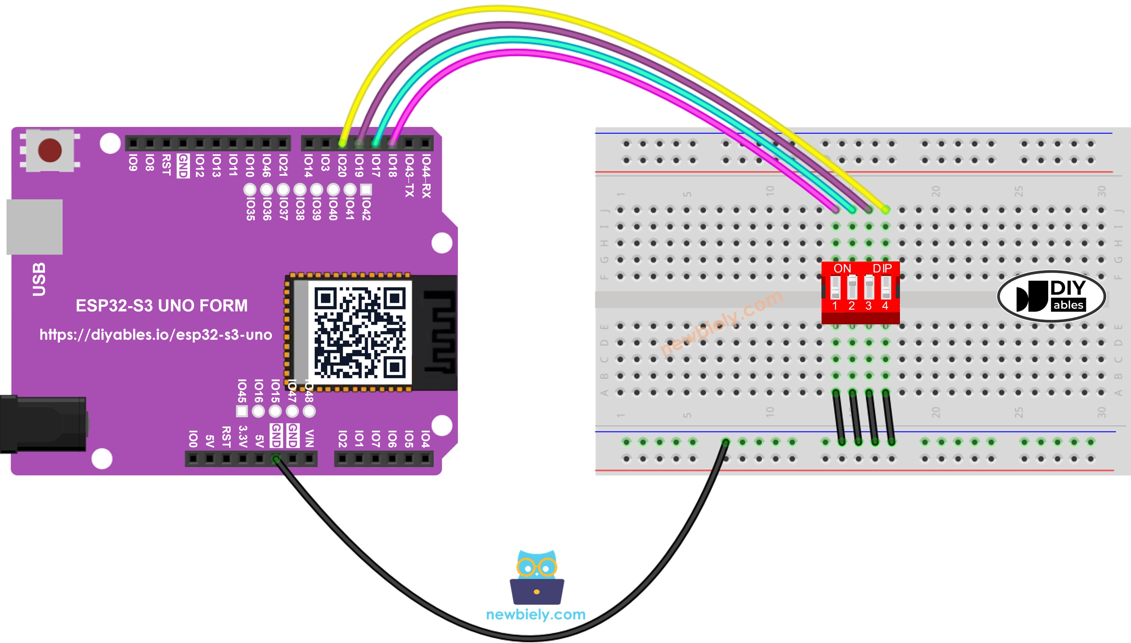 The wiring diagram between ESP32 S3 Uno DIP switch