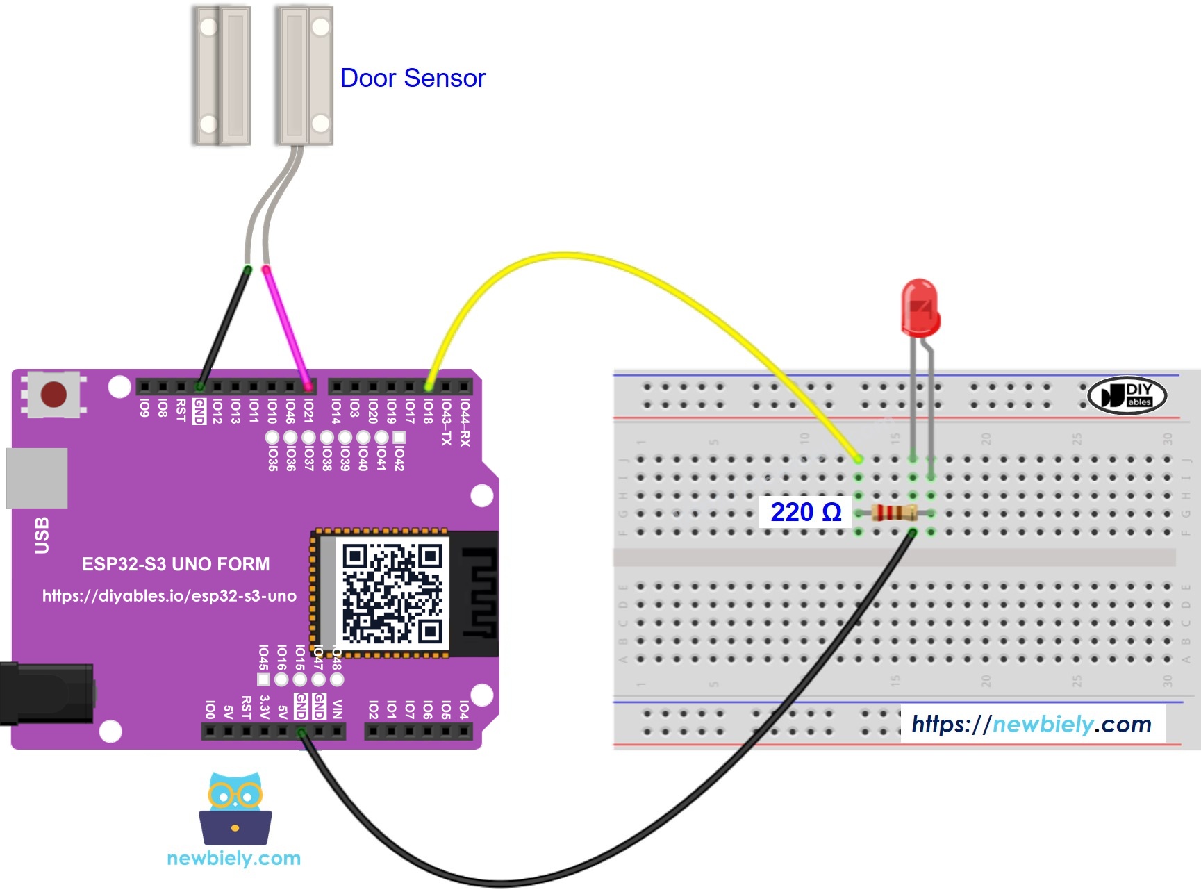 The wiring diagram between ESP32 S3 Uno door sensor LED