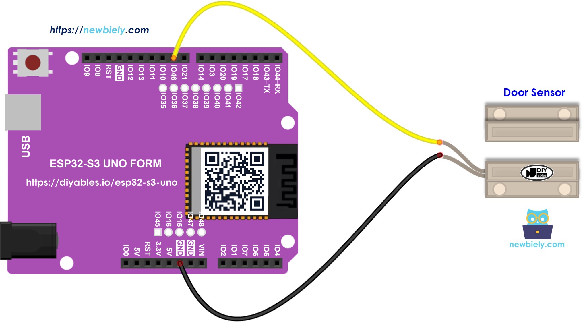 The wiring diagram between ESP32 S3 Uno Door Sensor