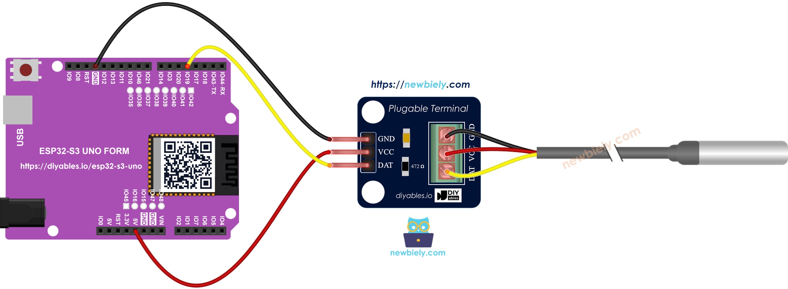The wiring diagram between ESP32 S3 Uno DS18B20