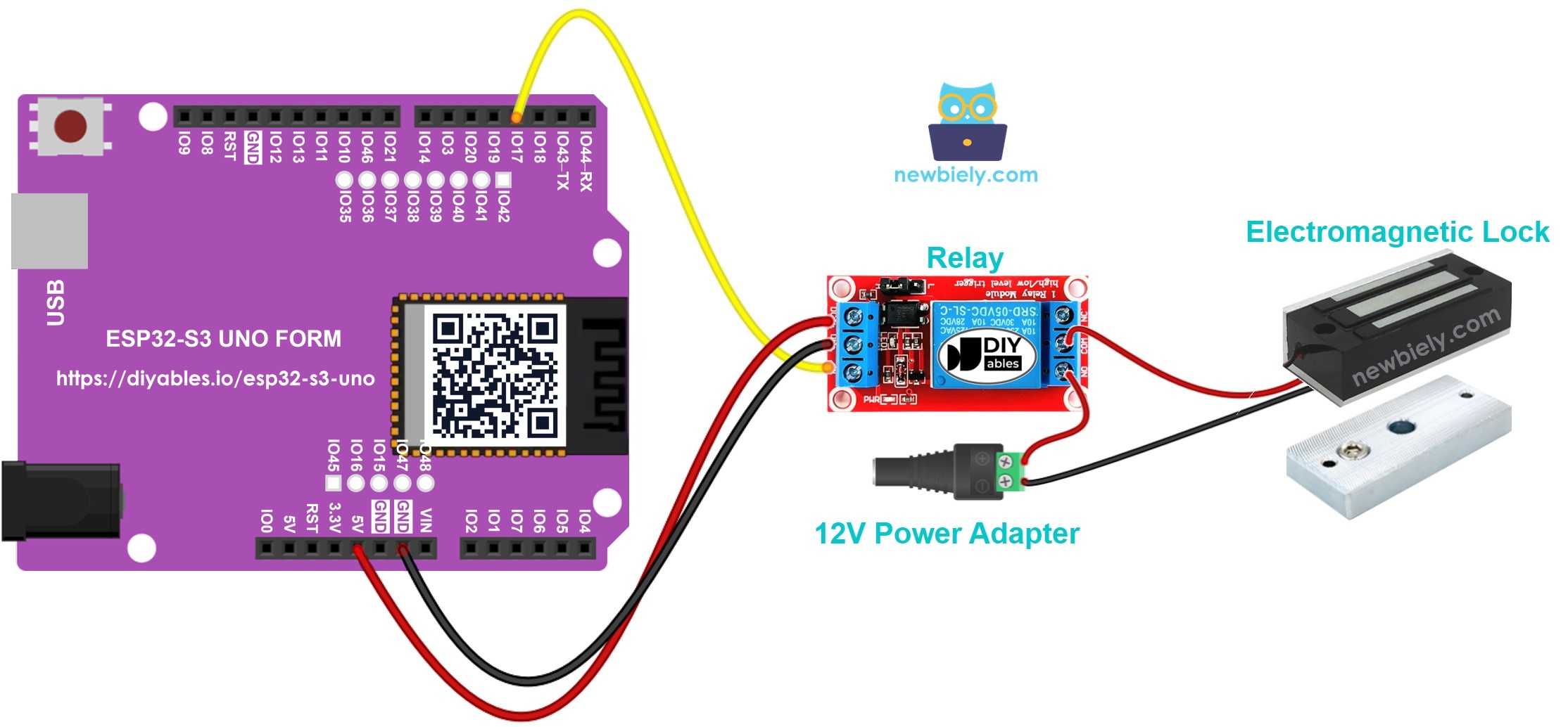 The wiring diagram between ESP32 S3 Uno Electromagnetic Lock