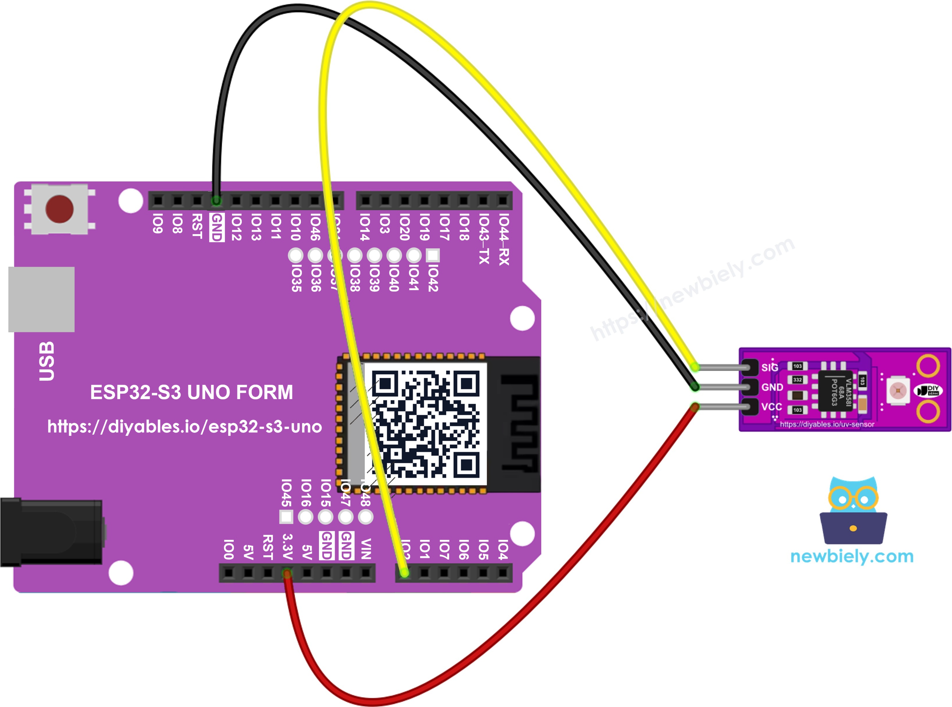 The wiring diagram between ESP32 S3 Uno GUVA-S12SD UV sensor