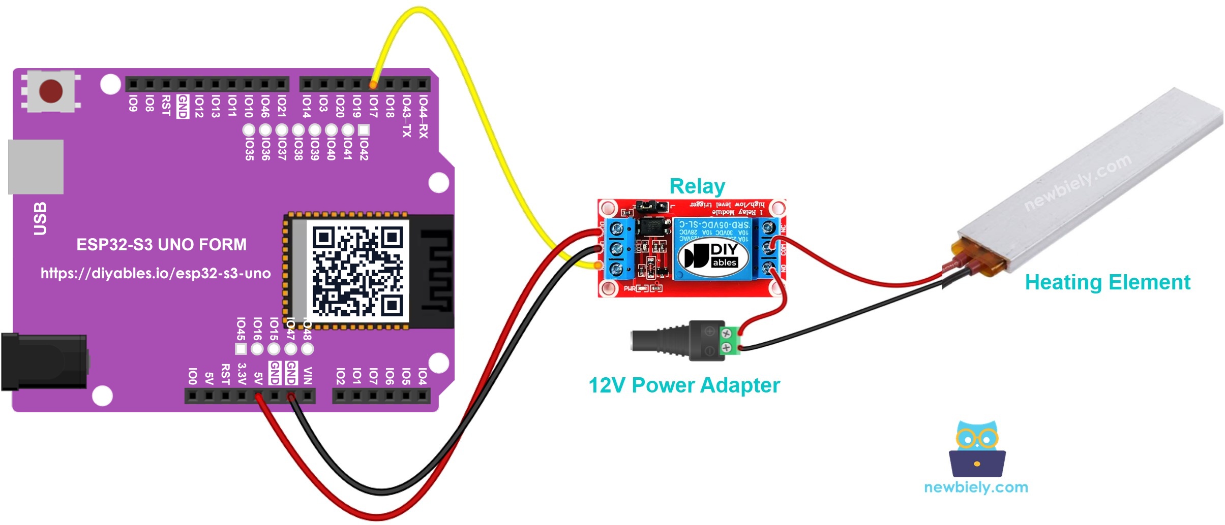 The wiring diagram between ESP32 S3 Uno Heating Element
