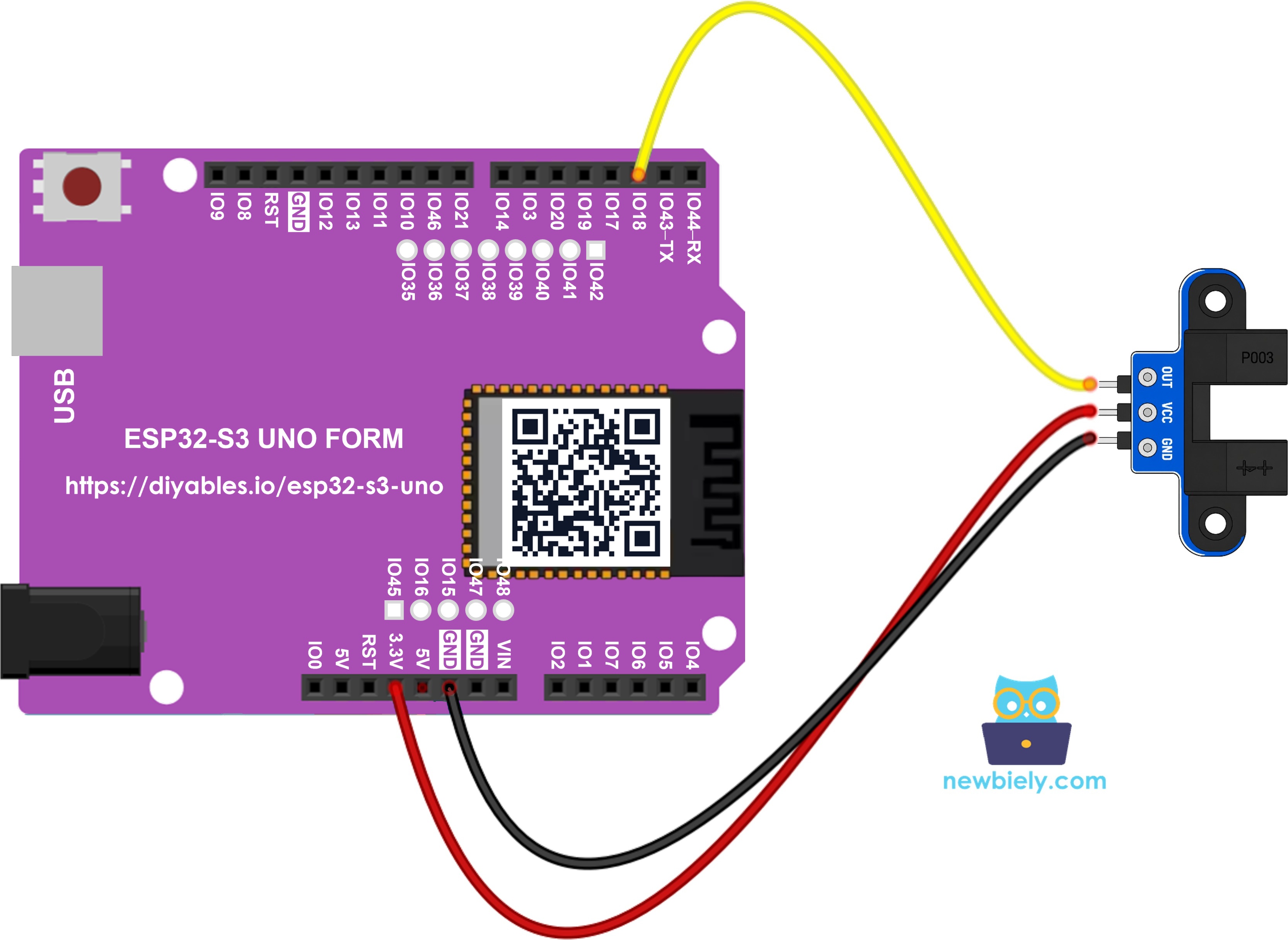 The wiring diagram between ESP32 S3 Uno IR slotted optical speed sensor