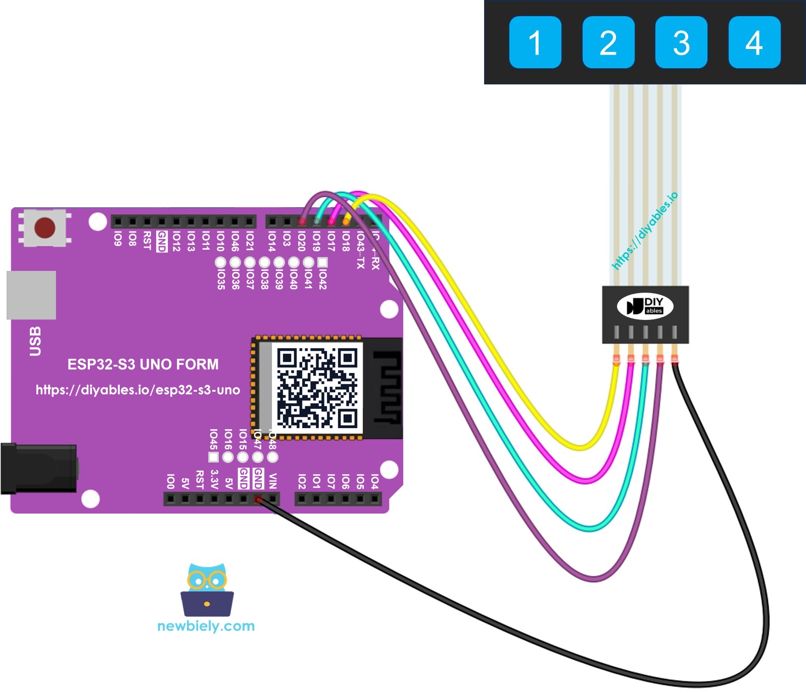 The wiring diagram between ESP32 S3 Uno Keypad 1x4