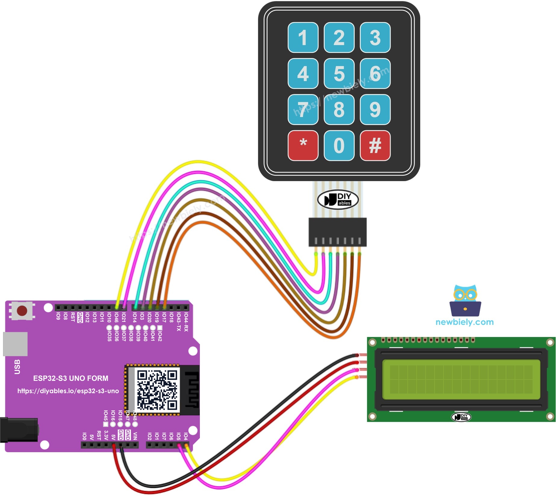 The wiring diagram between ESP32 S3 Uno Keypad LCD