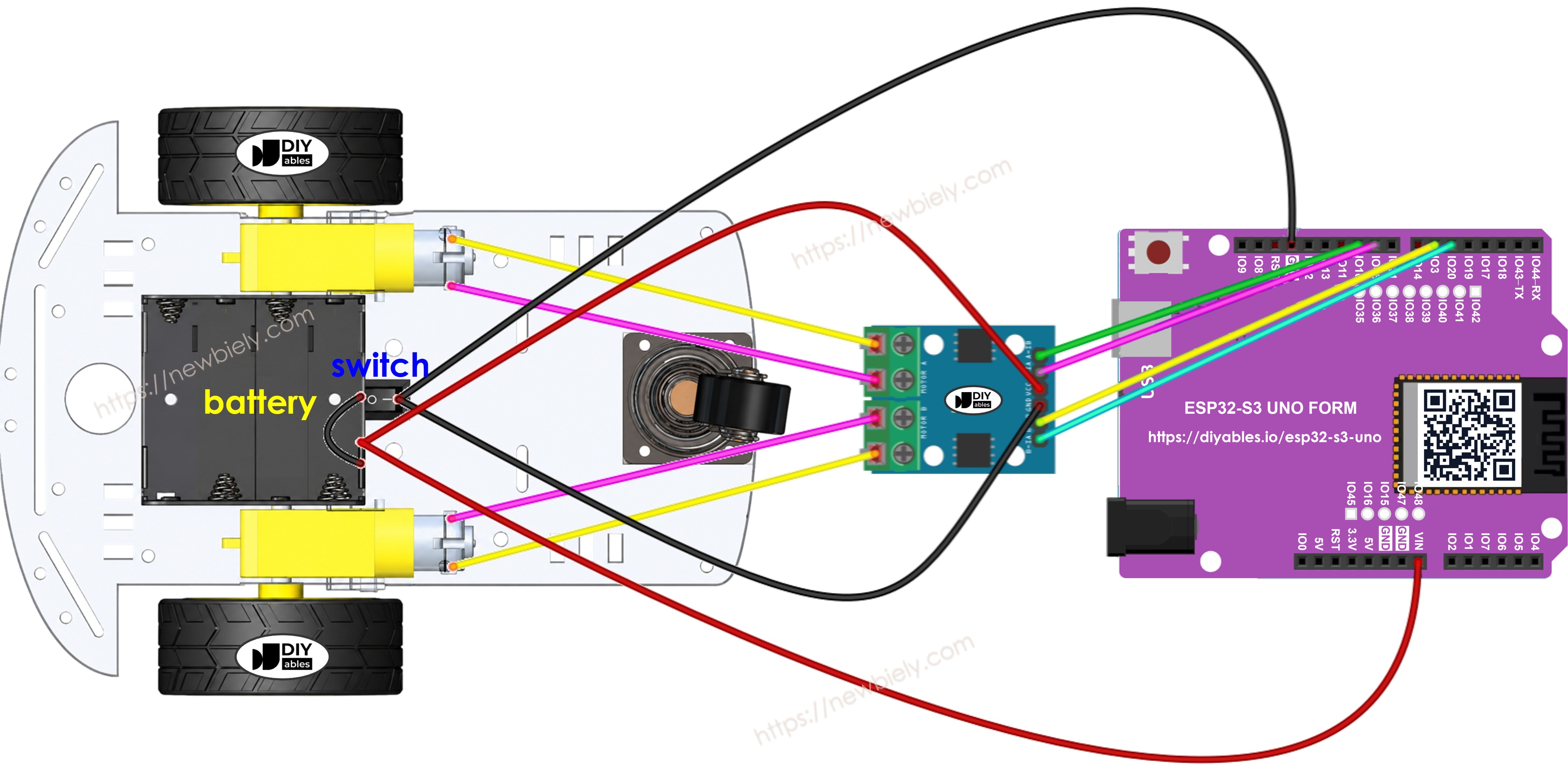 The wiring diagram between ESP32 S3 Uno 2WD RC Car