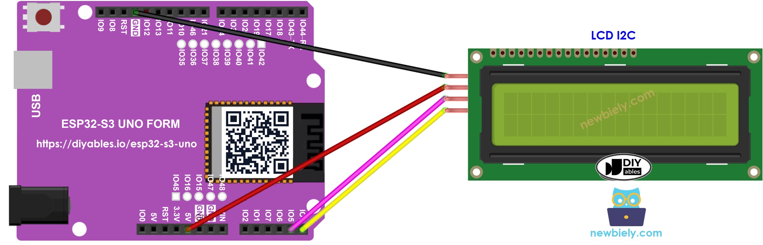 The wiring diagram between ESP32 S3 Uno LCD I2C